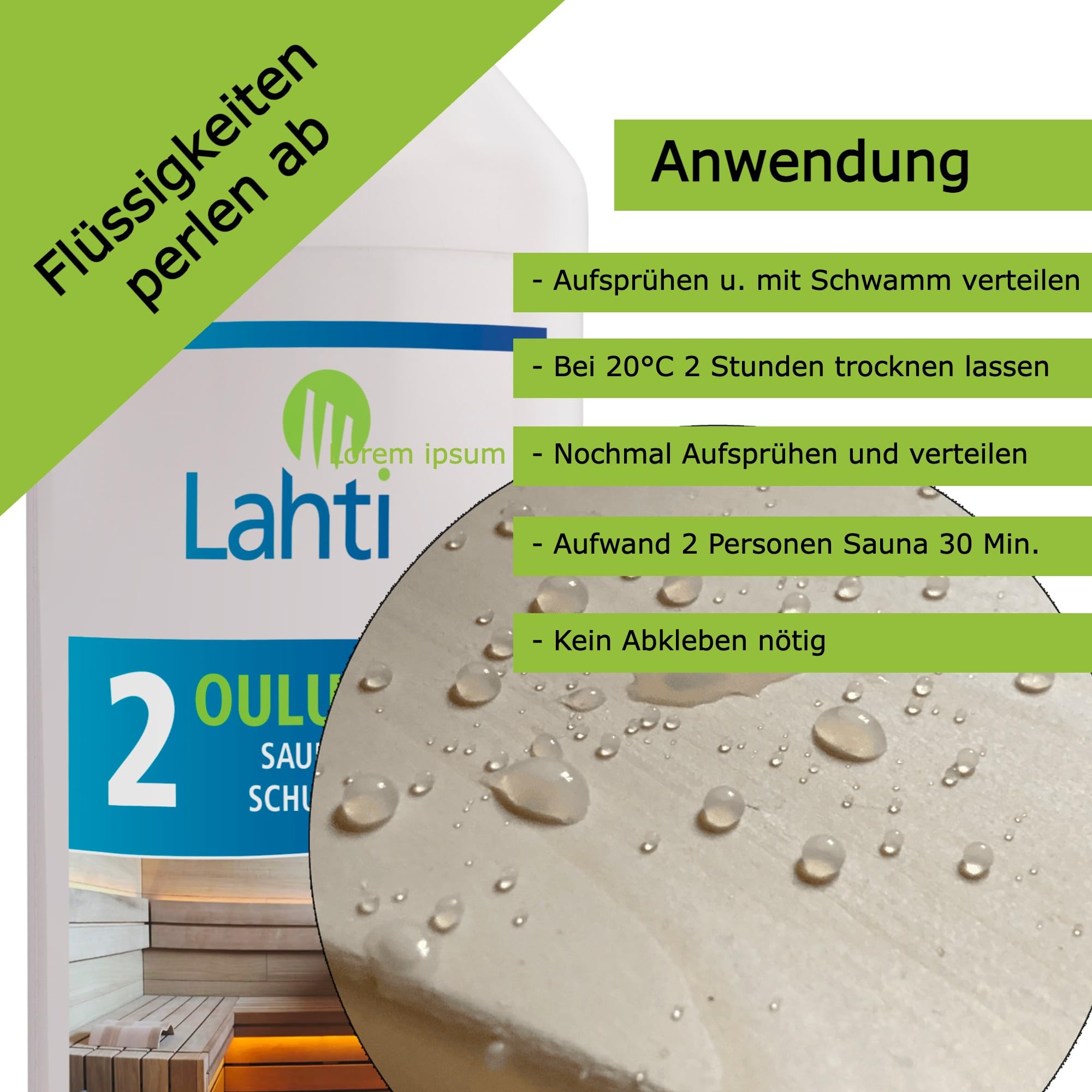 Lahti 2 OULUJÄRVI - Protección única para madera de sauna - Adecuado para todas las maderas - Evita manchas de agua y sudor - Protege contra la suciedad (0,5 litros con cabezal pulverizador)