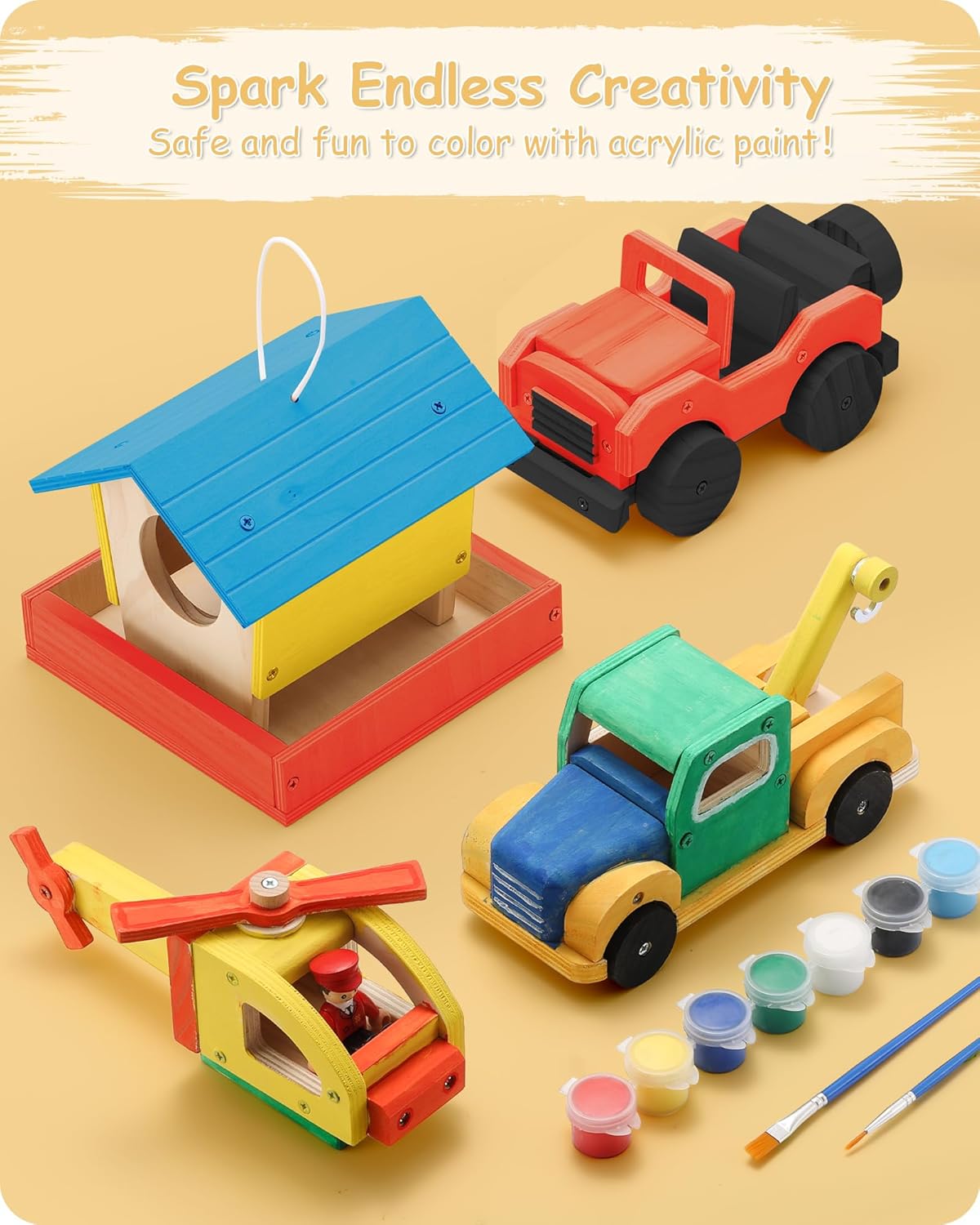 SainSmart Jr. Woodworking Building Kits for Kids with Birdhouse, 4-in-1 Kids STEM Projects Set, DIY Wood Crafts Assembly Toys with Paints & Brushes for Boys and Girls - Image 3