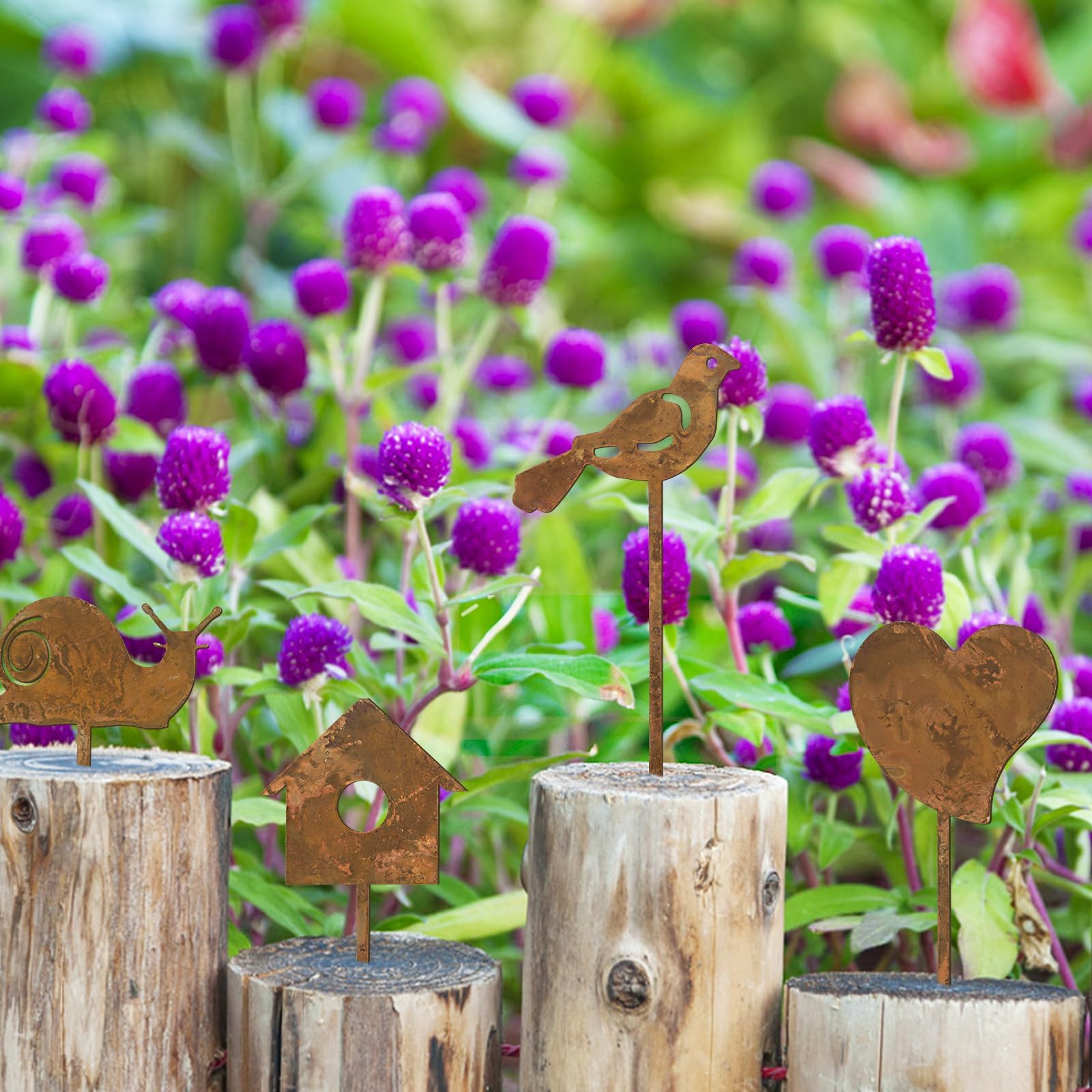 BOFUNX 8PCS Signes de Cour Signe de Pelouse en Fer Rouillé Forme de Fleur Oiseaux Cœur Papillon Panneaux Piquets de Jardin Décorations Printemps Extérieures Pelouse Clôture