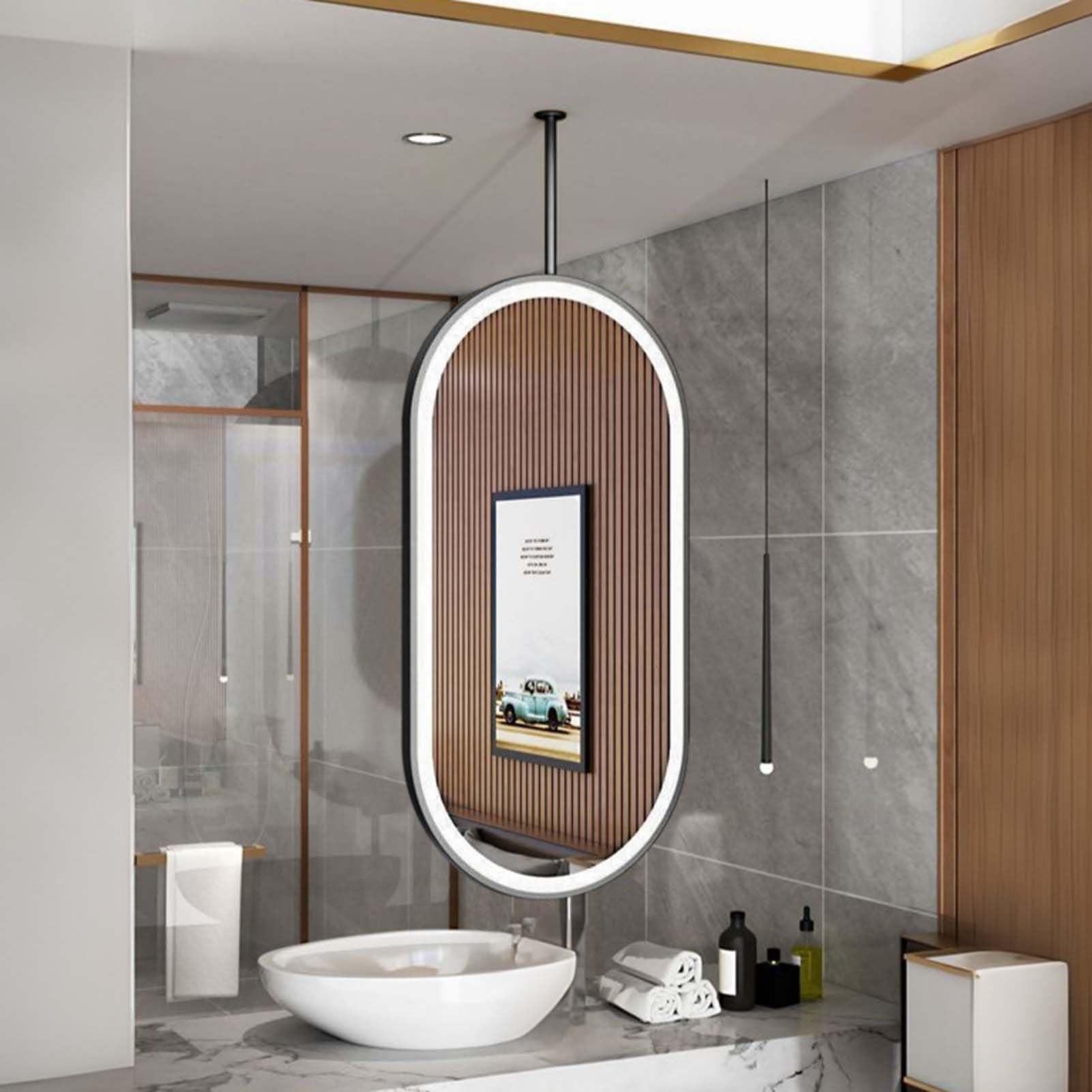 FGXHHS Ceiling Mounted Mirror Light Up Vanity with 3 Colors Dimmable Strip Light, Floating Bathroom Metal Frame and Boom, Customizable(50cmx70cm)
