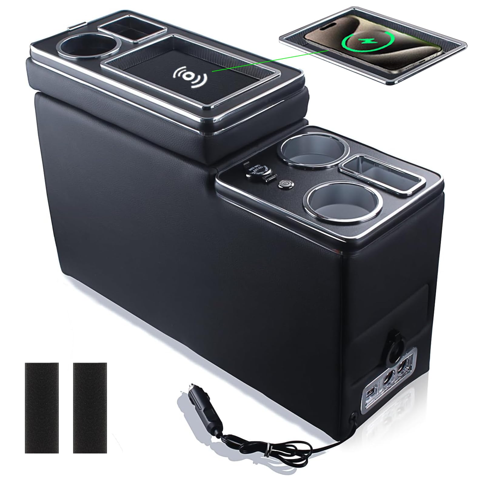 Upgrade Mittelkonsole mit Kabellosem Induktivem Laden、USB und LED-Leuchten Kompatibel mit VW T4 T5 T6 T6.1 T7 Alle Modelle ab 2003-2019, Wasserbecher Aufbewahrungsbox Schwarz Leder Zubehör