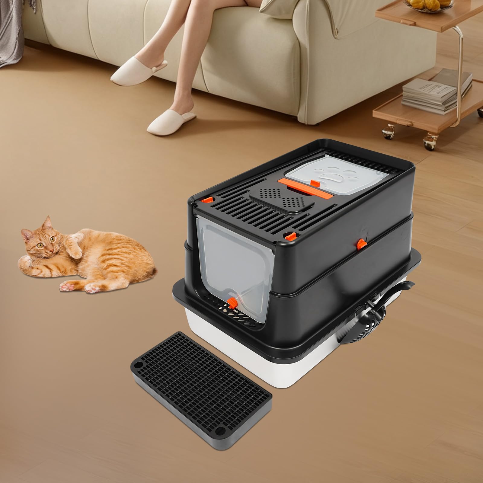 Caja de arena cerrada de acero inoxidable con tapa, caja de arena para gatos con pala, pedal de basura y almohadillas de agarre con apertura en forma de U, adecuado para gatos de hasta 15 kg (negro)