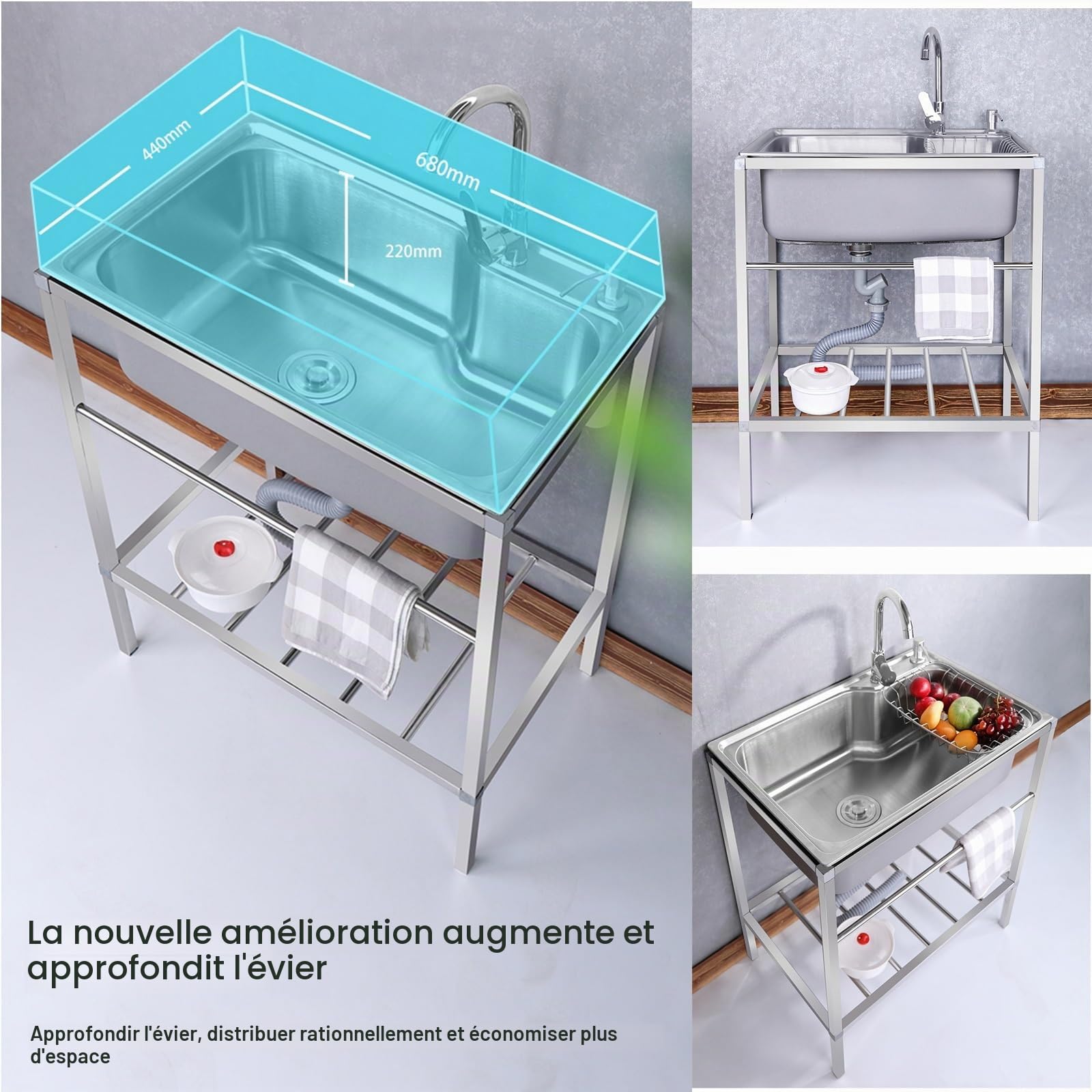 Professionnel Évier De Jardin Extérieur, Évier Inox 1 Bac, Ensemble De Cuisine Commercial Avec Robinet Et Tuyau, Pour Buanderie, Garage, Restaurant (Color