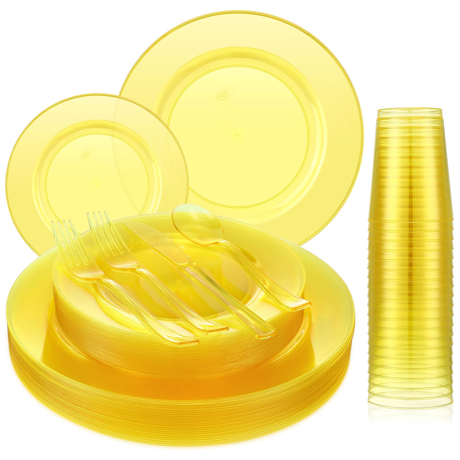 150 Pcs Party Supplies Disposable Dinnerware Set, Including Christmas Plastic Plates, 10oz Cups, Plastic Cutlery Serve 25 Guests for Birthday and Christmas Graduation(Yellow)
