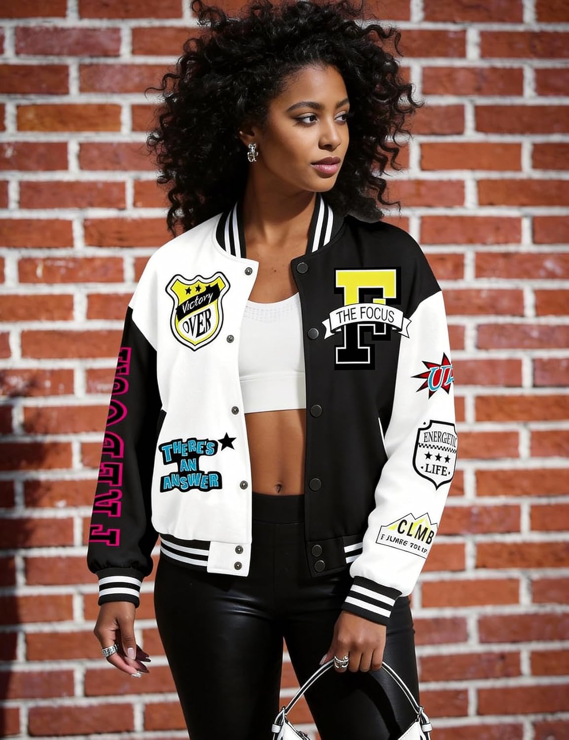 Flygo Women's Cropped Varsity Jacket Baseball Jacket Colorblock Letter Print Y2k Button Down Bomber Uniform - Image 4