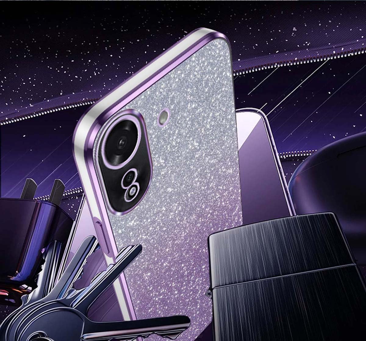 Hülle Für Xiaomi Redmi 13C / Poco C65 – Mit Blumen-Ringständer, Rosa, Glitzernd, Stoßfest