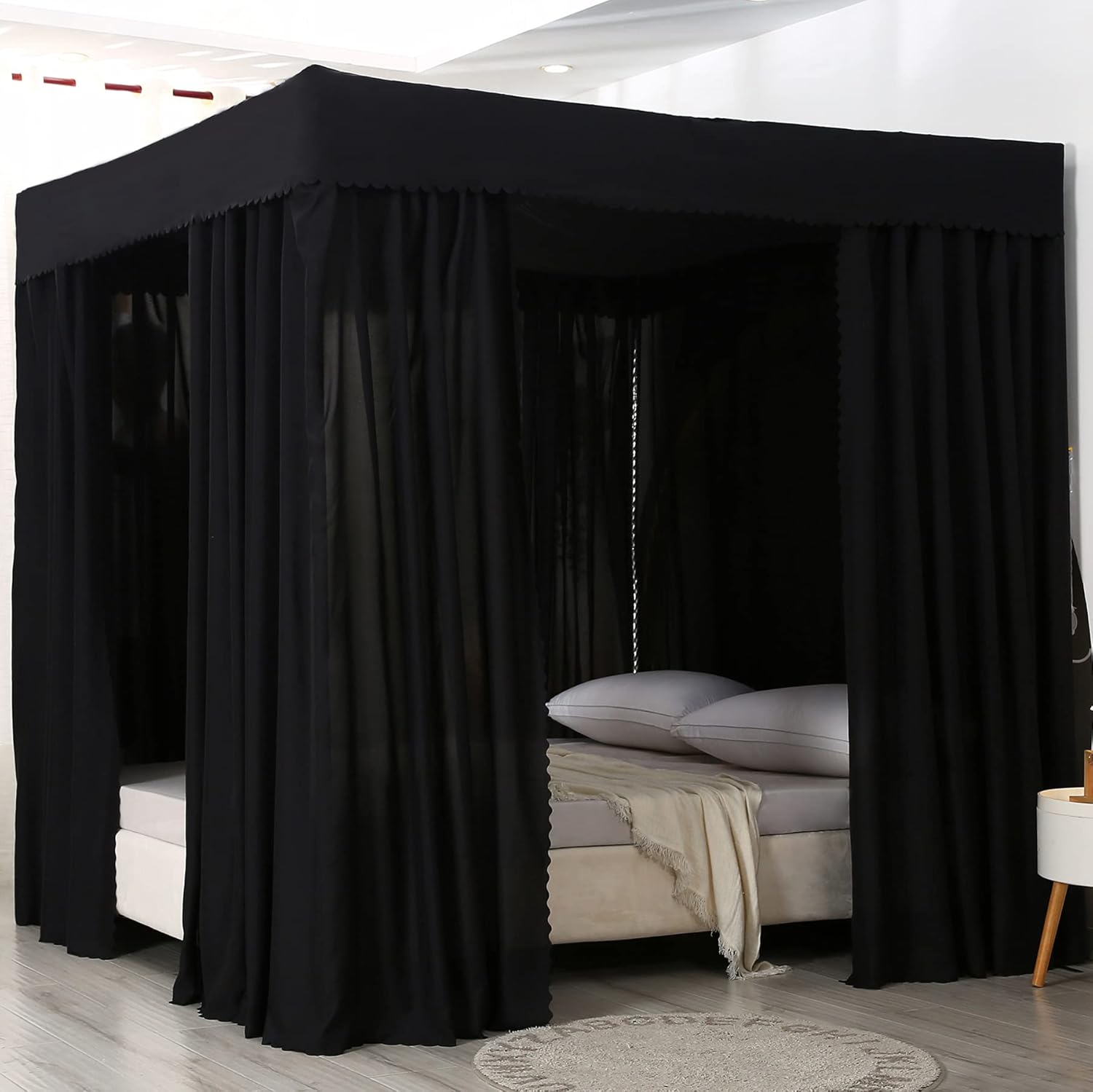 Mengersi Four Corner Post Canopy Bed Curtains 2-in-1 Anti-Glare Windproof Lightproof for Girls Boys Kids Teens Gift Home Bedroom Decoration (Queen, Black) : Home & Kitchen