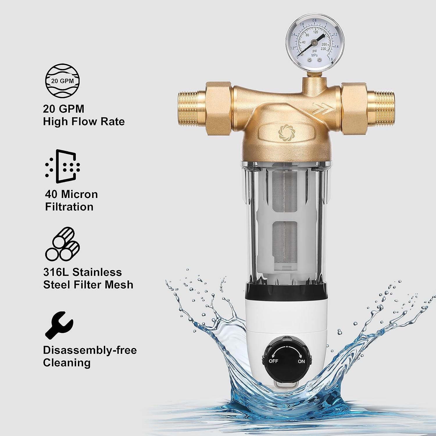 Airthereal Spin Down Water Sediment Filter, Pre-Filtration System for Whole Home, Water Filter for City and Well Water, 40 Micron Reusable Sediment Backwash Filter with 1" MNPT + 3/4" FNPT Connector