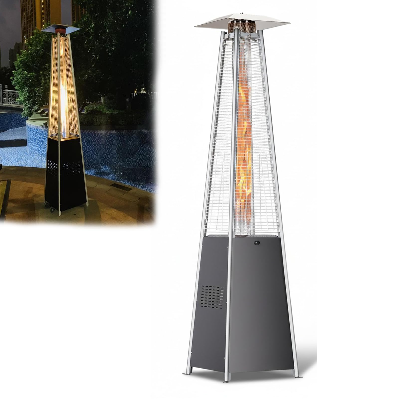 Riscaldatore da Patio a Piramide, Riscaldatore da Esterno a Fiamma Reale in Acciaio Inox, Riscaldatore a Propano da Esterno a Riscaldamento Rapido con Ruote e Copertura Impermeabile