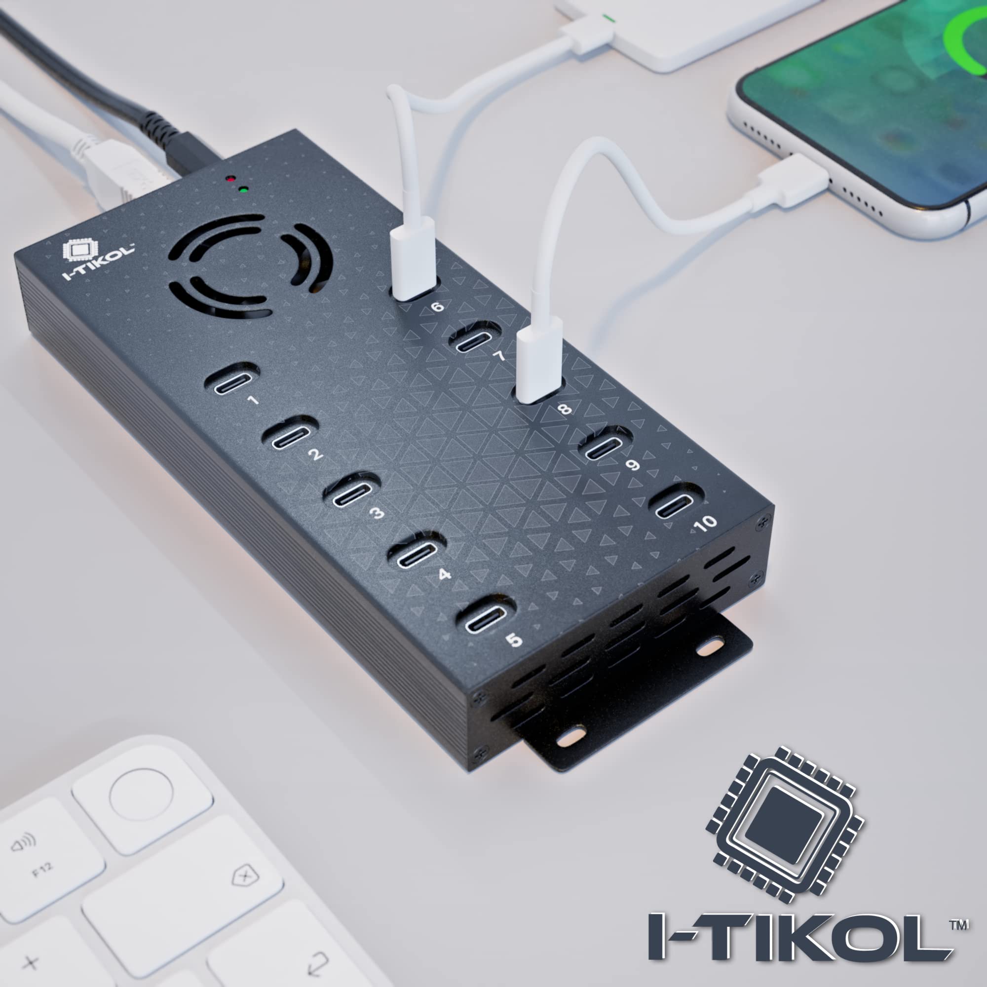 Koncentrator USB 2.0 typu C Multi Safety 10 portów zasilany, z adapterem AC, aluminiowy rozdzielacz USB z wentylatorem chłodzącym - typ C do laptopów i PC, dysków flash, HDD, dysków twardych, myszy, XPS, Xbox, klawiatury