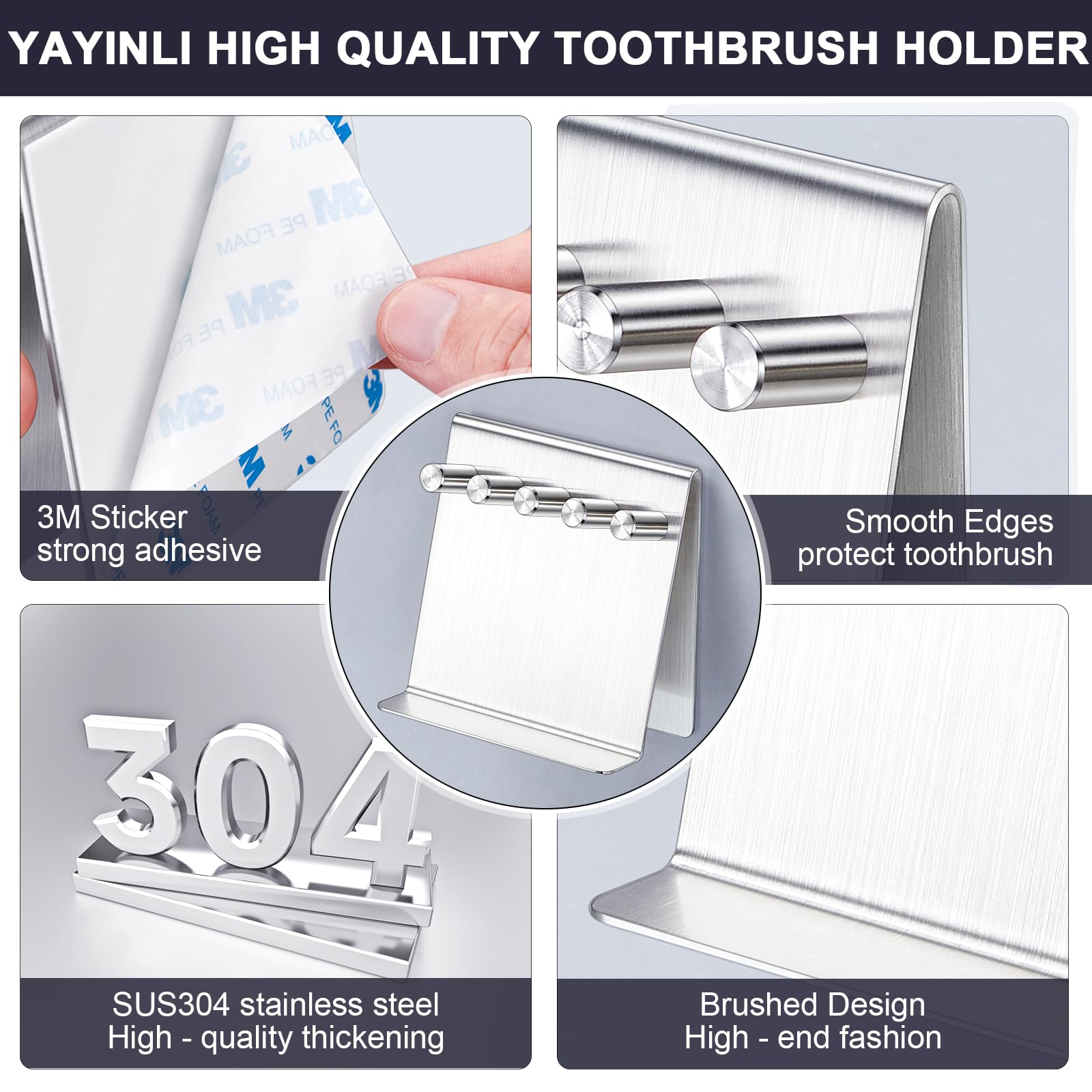 Electric Toothbrush Head Holder, YAYINLI Self Adhesive or Tabletop Tooth Brushing Holder, Stainless Steel Brushed Wall Mounted Shower Toothbrush Holders for Bathroom, Tooth Brush Holder Organiser