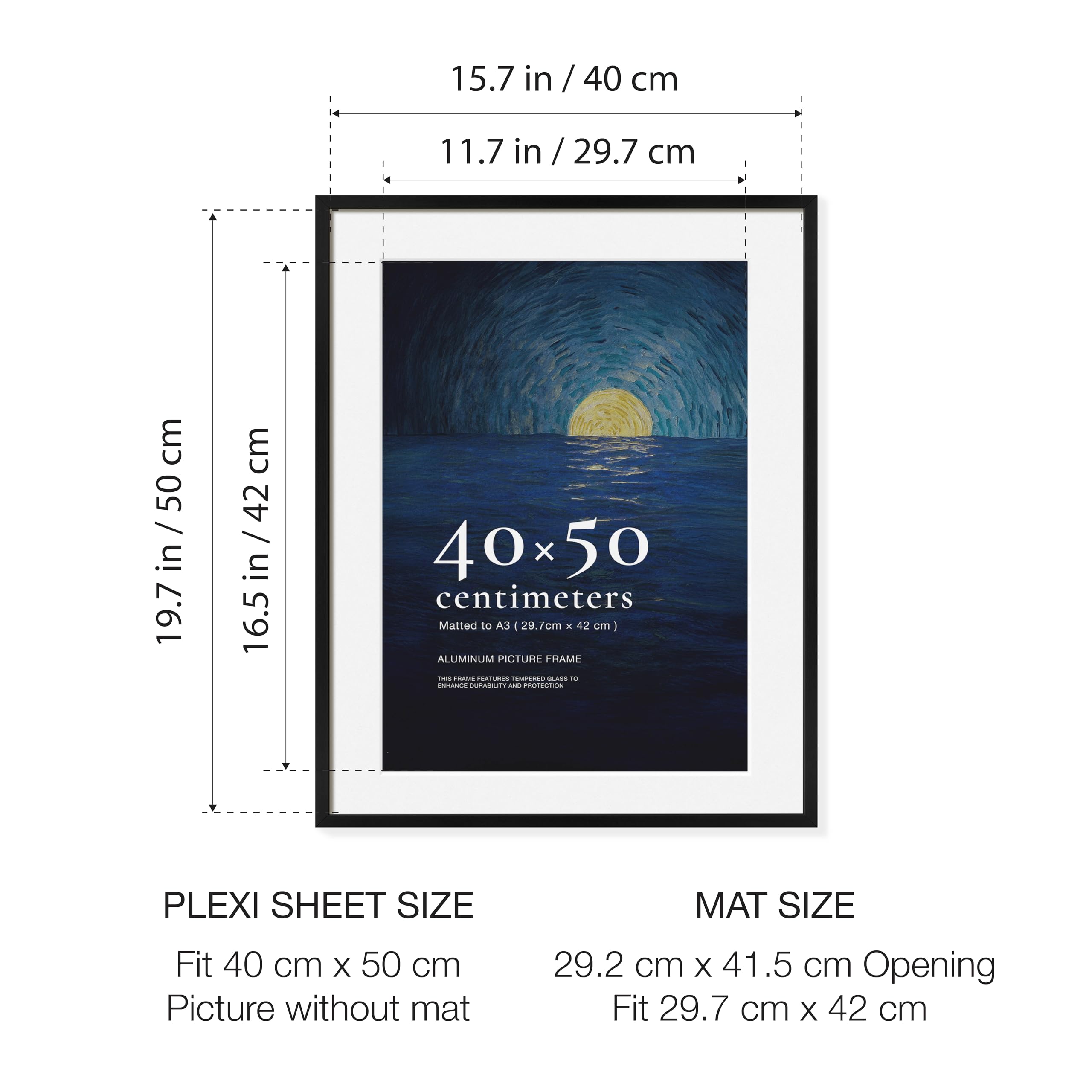 Cadre Photo 40x50 Aluminium Noir Brossé avec verre trempé, 1 pièce convient pour 40x50 cm affiches, idéal pour une exposition en galerie