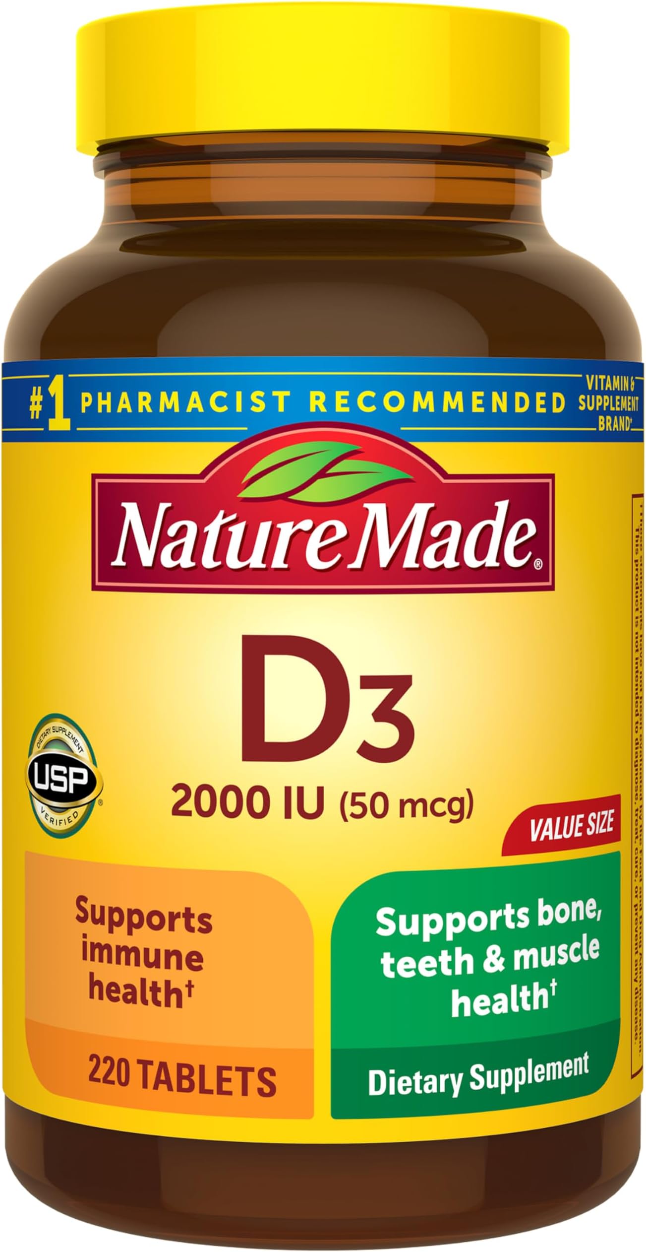 Nature Made Vitamin D3 2000 IU (50 mcg), Dietary Supplement for Bone, Teeth, Muscle and Immune Health Support, 220 Tablets, 220 Day Supply