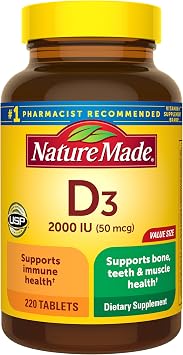 Nature Made Vitamin D3 2000 IU 50 mcg, Vitamin D Supplement for Bone, Muscle and Immune Health Support, 220 Tablets