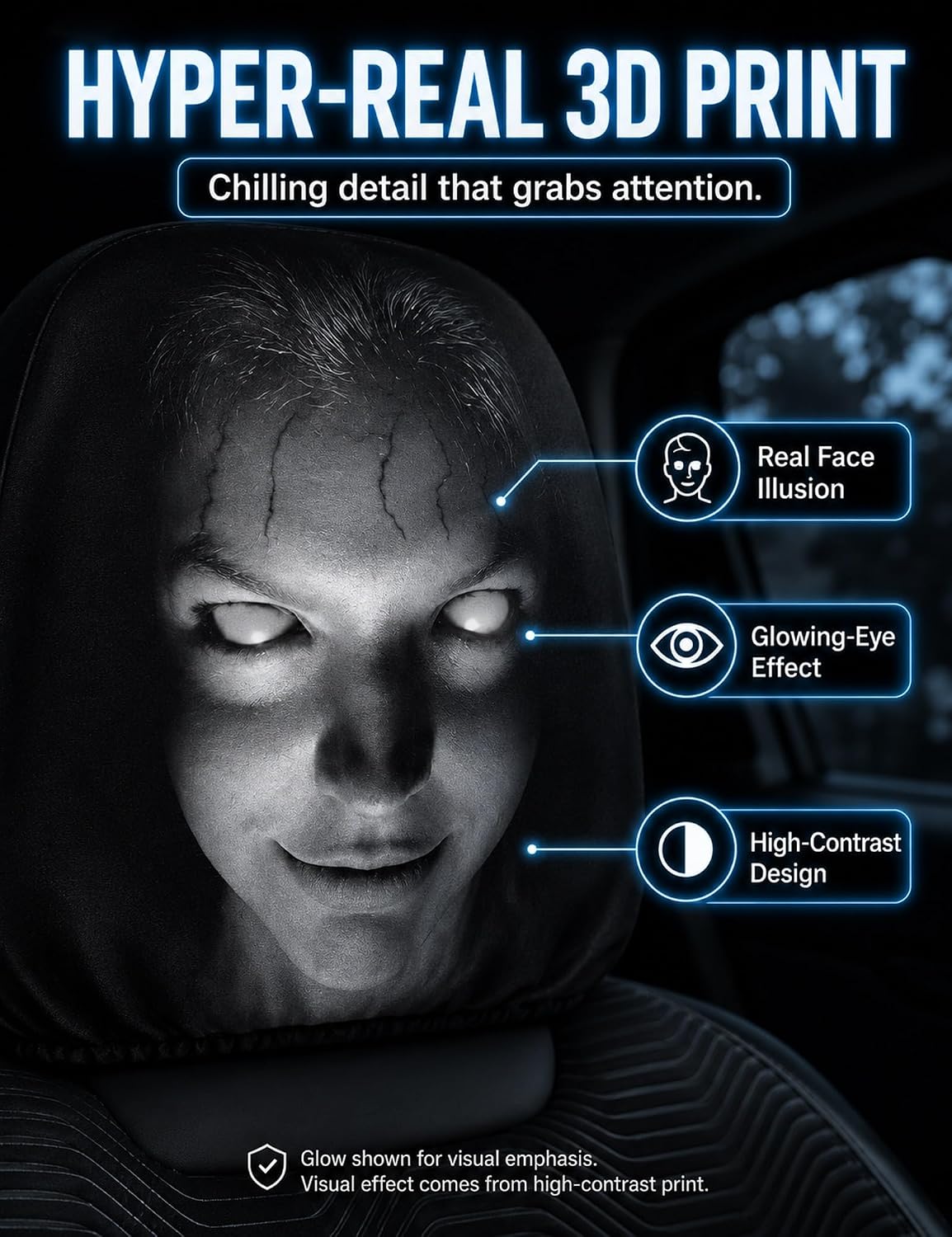 2PCS Ghost Face Car Headrest Covers, Funny Scary Print with Glowing-Eye Effects, Stretchy Polyester Fabric Seat Headrest Protector for Auto Truck SUV Interior Decoration