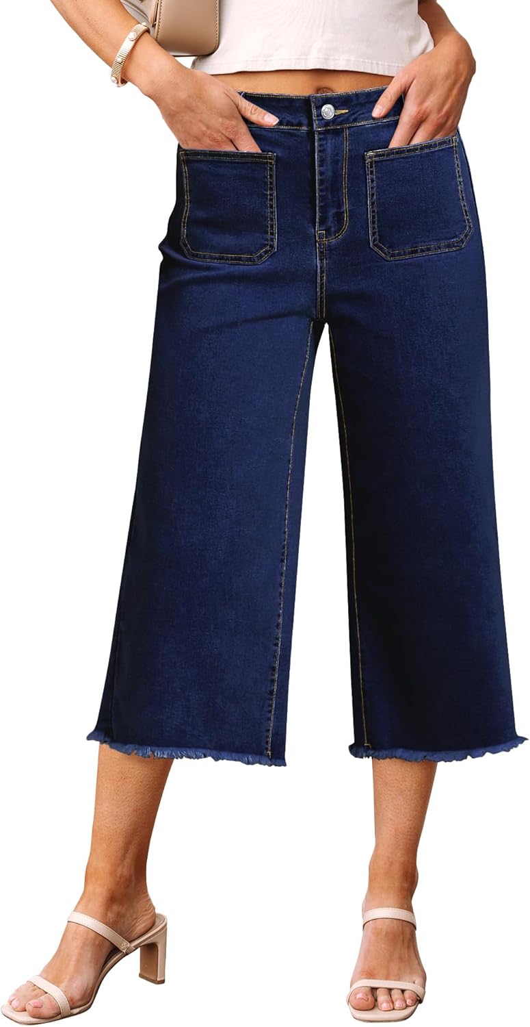 luvamia Women's Wide Leg High Waisted Cropped Capri Jeans
