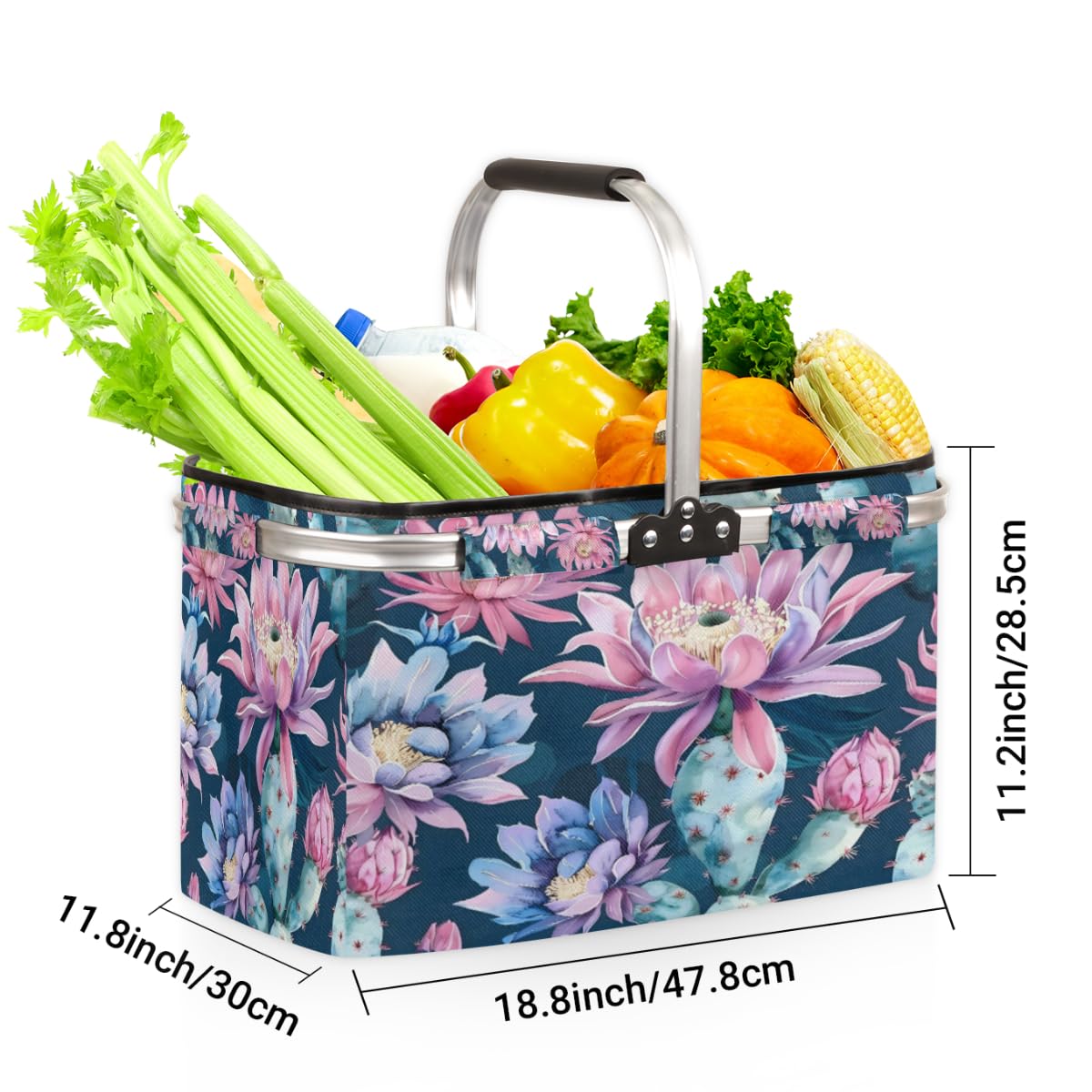 Tablerazzi Tropical Cactus Folding Picnic Basket Large Reusable Shopping Basket Cactus Collapsible Grocery Bag with Handle Aluminum Frame Market Basket