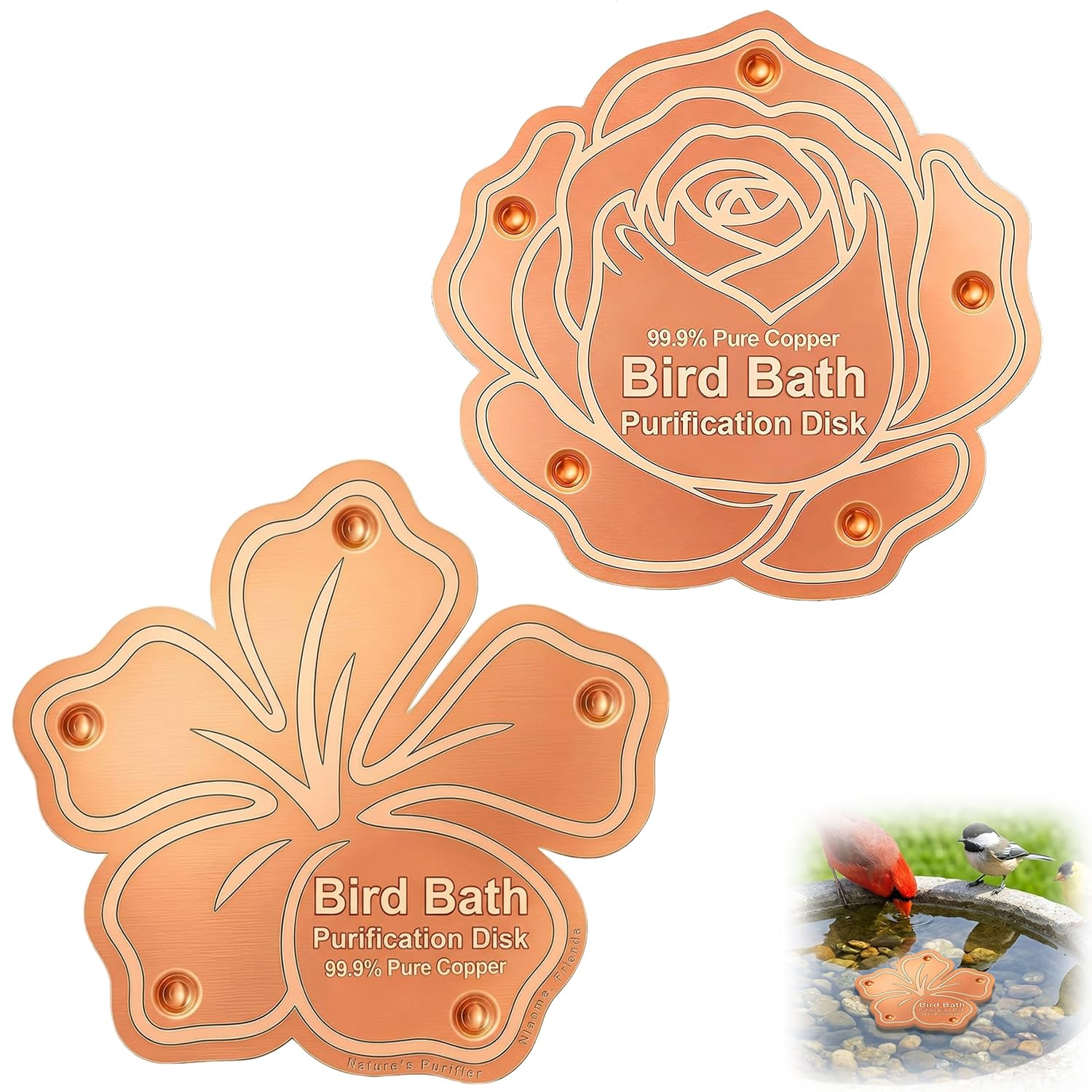 Dei tkeyts 2Pcs Bird Bath Copper Disk, Copper Disc for Bird Bath, Coppers Birdbaths & Supports, Physical Self Cleaning Pure Copper Bird Bath Disc, Birdbath Cleaner Disks for Garden
