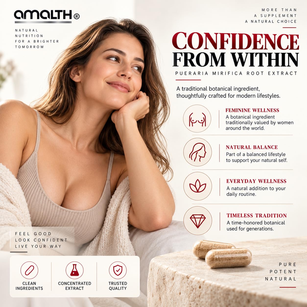AMALTH Pueraria Mirifica Capsules 1000mg, 25:1 Root Extract - Plant Estrogen Supplement for Women, Men and MTF - Natural Phytoestrogen, White Kwao Krua - 120 Vegetarian Capsules, Gluten Free, Non-GMO — Amazon image 6