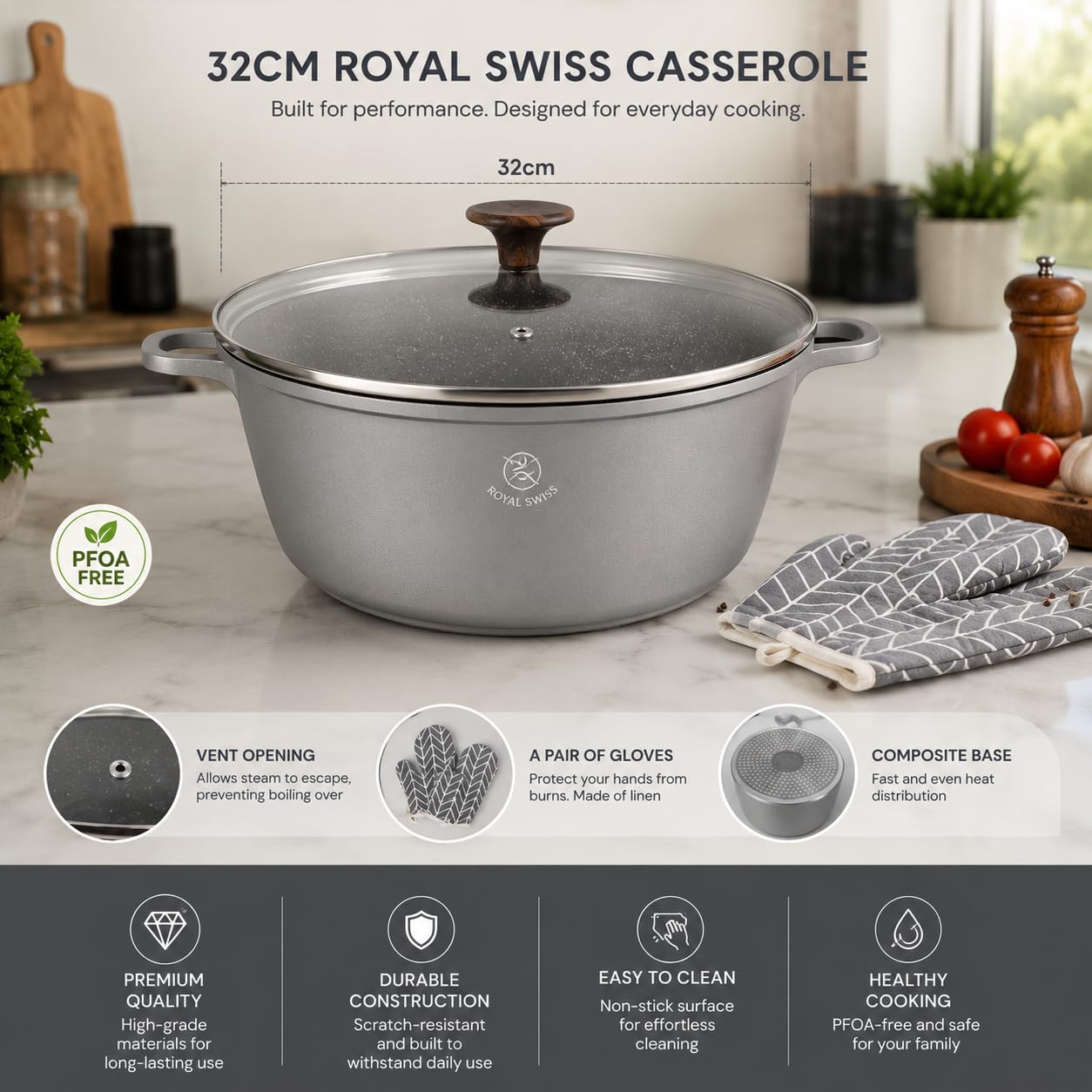 Royal Swiss - Olla (28 cm, 6 L, color gris oscuro, aluminio con revestimiento de mármol, antiadherente, tapa de cristal, inducción para todos los fuegos, compatible con horno con guantes de cocina