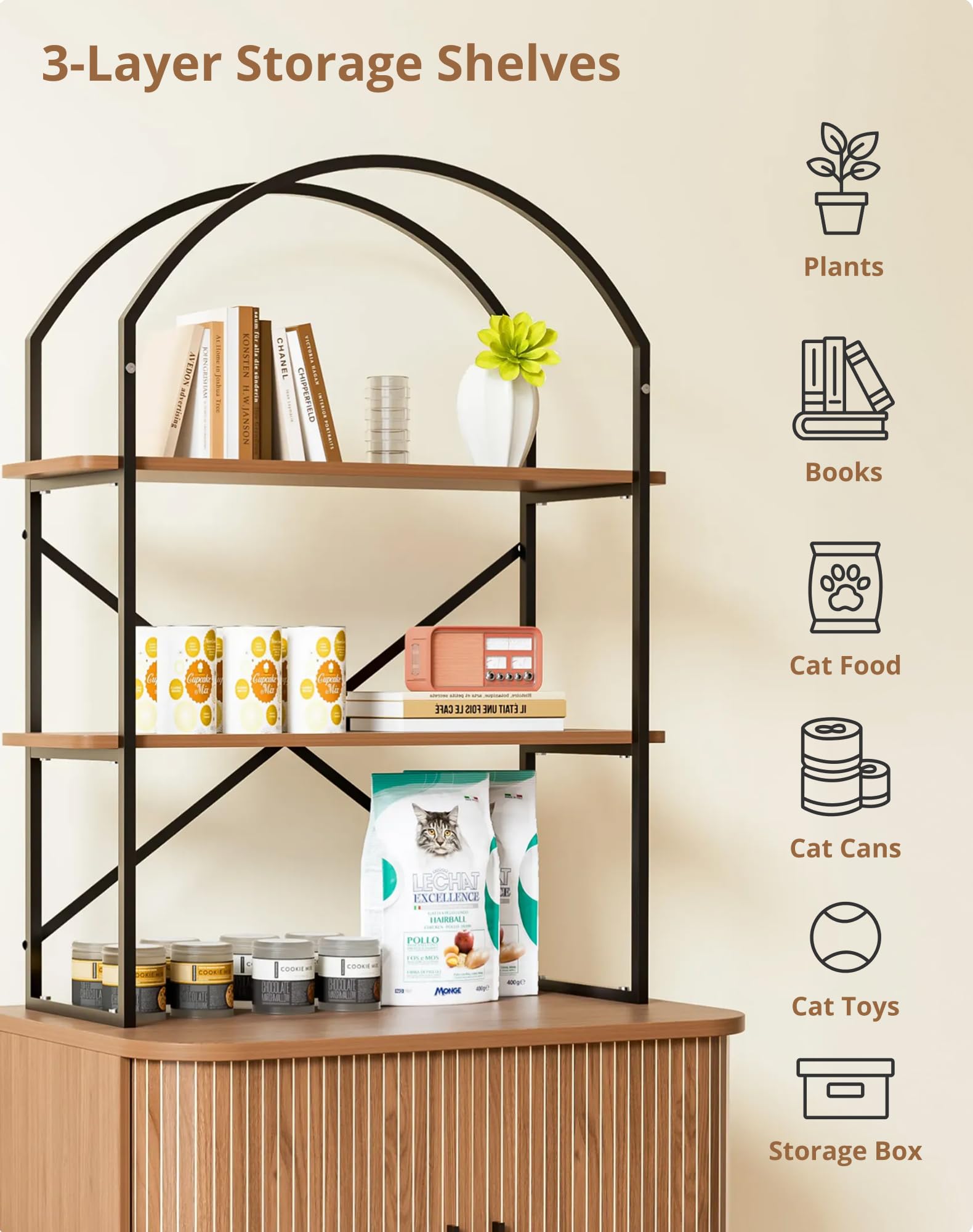 31.5" Cat Litter Box Enclosure,Hidden Litter Box Furniture with 2-Tier Storage Shelves,Wooden Cat Washroom and Pet House with Sliding Tambour Door for Living Room,Walnut - image 4