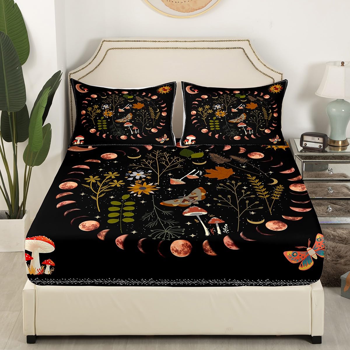 Fall Mushroom Queen Sheet Set 4 Piece Bedding - Farmhouse Botanical Flowers Leaves Plants Breathable Comfy Cooling Bed Sheets & Pillowcase Sets,Hotel Luxury Flat Sheets Deep Pockets Fitted Sheet