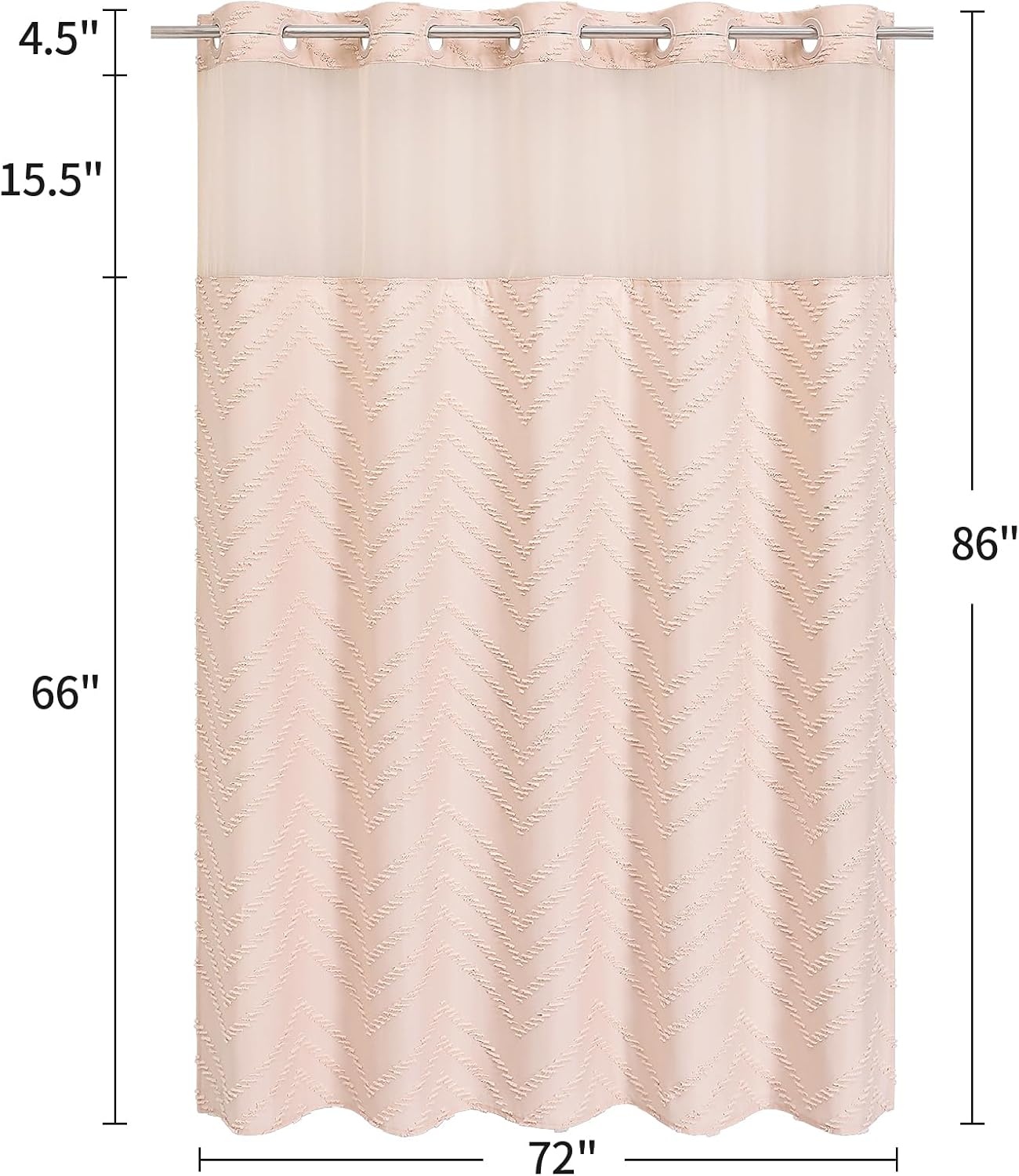 No Hooks Extra Long Shower Curtain with Snap-in Liner, Light Pink Fabric Tufted Striped Textured Large Modern Farmhouse Shower Curtain for Bathroom, 72 x 86