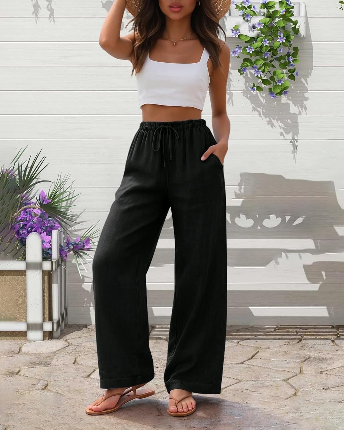 KHIRVWL Pantaloni Lino Donna Pantaloni Larghi Donna Estivi Casual Leggeri Elastico in Vita Elegante Baggy Pants Pantalone da Spiaggia Sportivo Lavoro Vita Alta Pantalone con Coulisse Gamba Larga