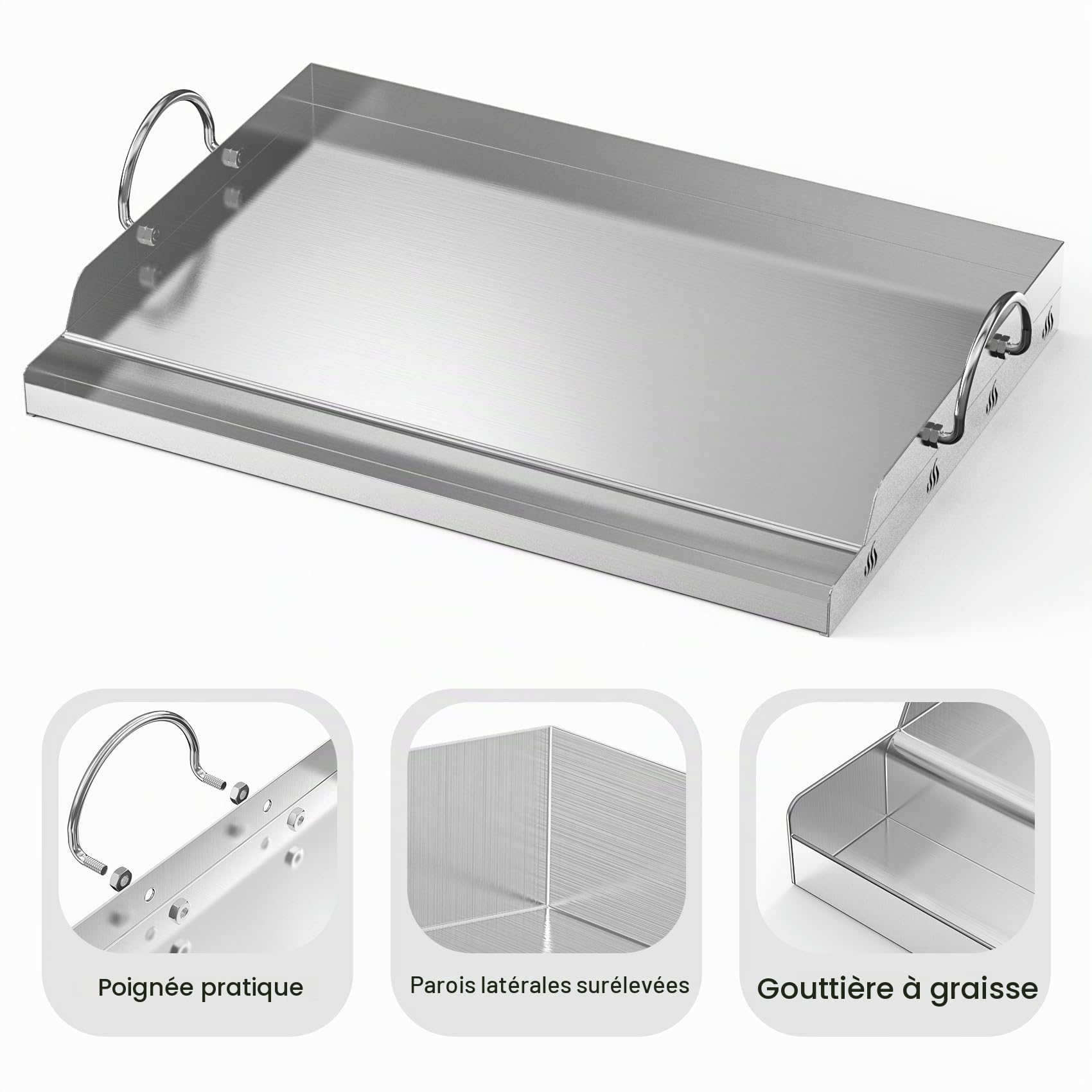 Onlyfire Plaque Plancha en Inox avec Spatules et 2 Éponges de Nettoyage, 50 x32 x7 cm, Plaque de Cuisson Universelle pour Barbecue, Rectangulaire, Poignée Amovible