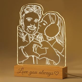 Personalized 3D Portrait Night Light with Photo Custom LED Name Lamp Acrylic Picture Plaque Wood Engraved Stand for Her Lover Men Women Valentines Day Gift