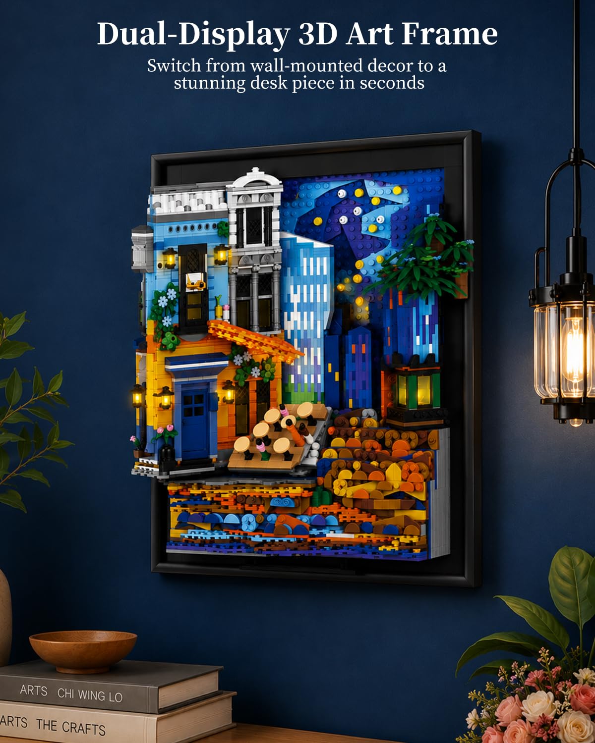 Set de Construction Café Terrace at Night pour Adultes, Tableau Mural 3D Encadré, Kit de Construction Artistique pour Décoration Maison et Bureau, Compatible avec Lego Art, 2678 Pièces
