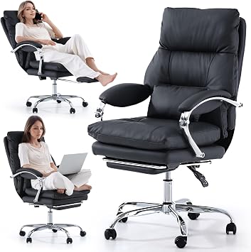 LEAGOO Office Chair with Foot Rest, Swivel Computer Desk Chair PU Leather Reclining Chair, Ergonomic Lumbar Support Designed for Longer Sitting Sessions for Home/Office Workers - Black