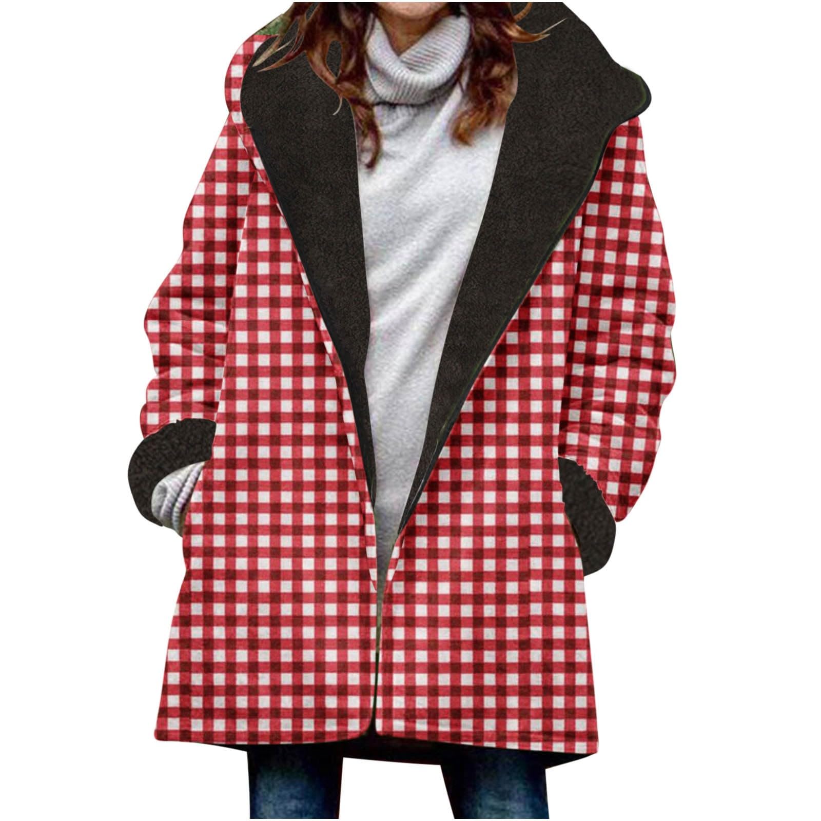 Plaid Fleece Lined Hooded Jacket Long Sleeve Loose Fit Zip Up Hoodies Soft Sherpa Shacket Jackets Fashion Winter Outwear