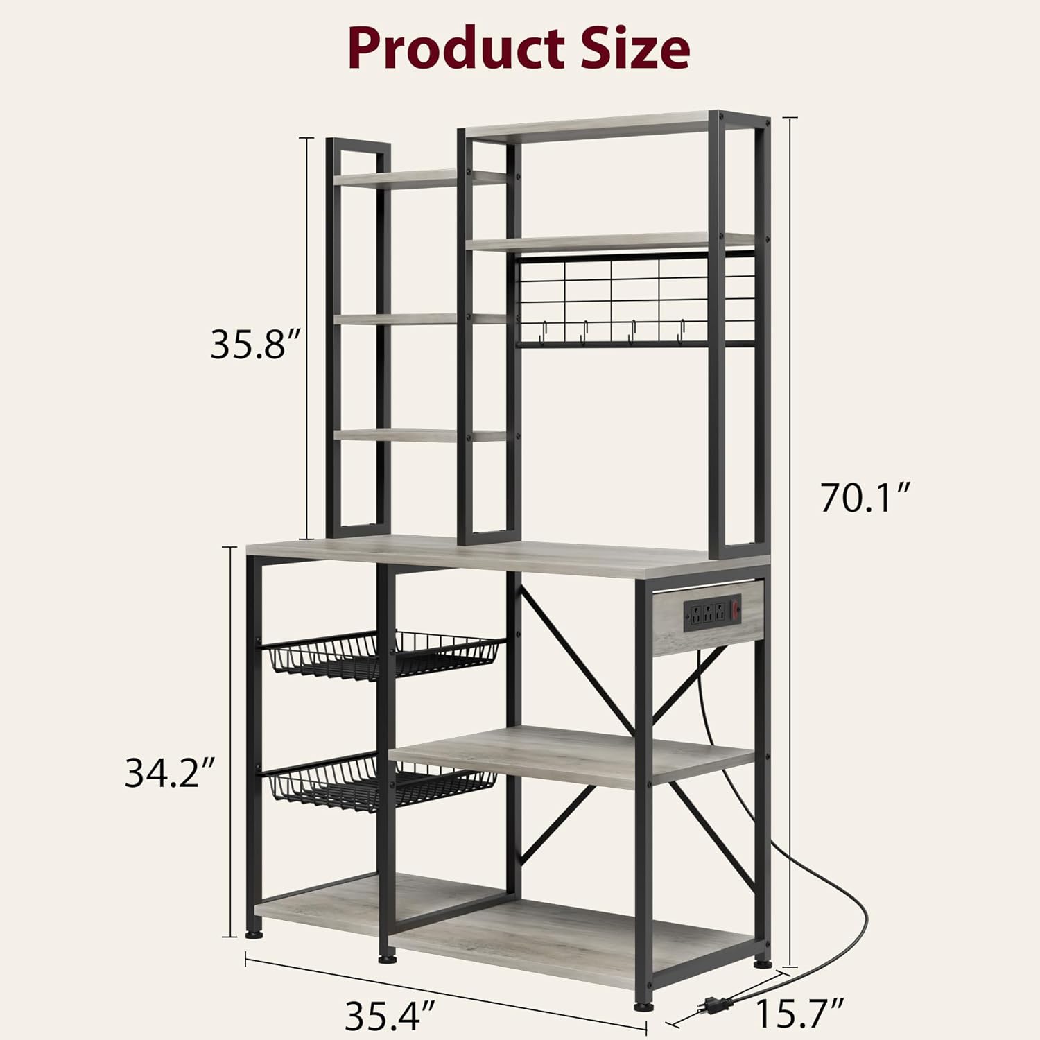 GAOMON Baker Rack with Power Outlet, Kitchen Bakers Rack with 2 Wire Basket, Microwave Stand with Large Open Storage Shelves, 7-Tier Freestanding Utility Storage Shelf, Retro Gray