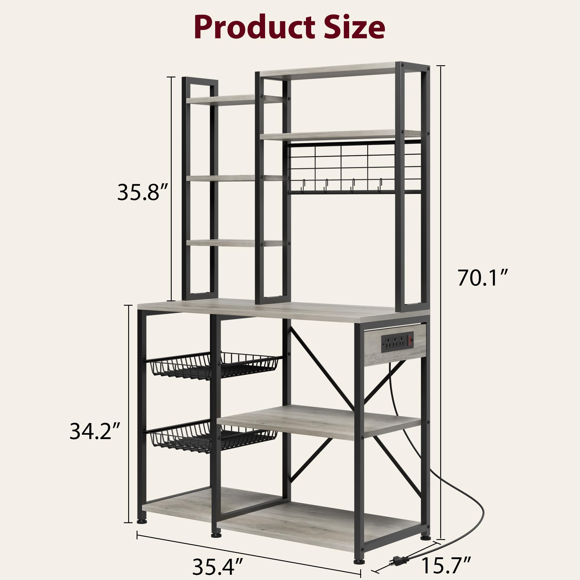 Zstar Estante De Almacenamiento De Cocina De Estilo Industrial con Enchufes y Ganchos, Múltiples Estantes, Amplio Espacio De Almacenamiento, Barra De Café, Gabinete para Microondas