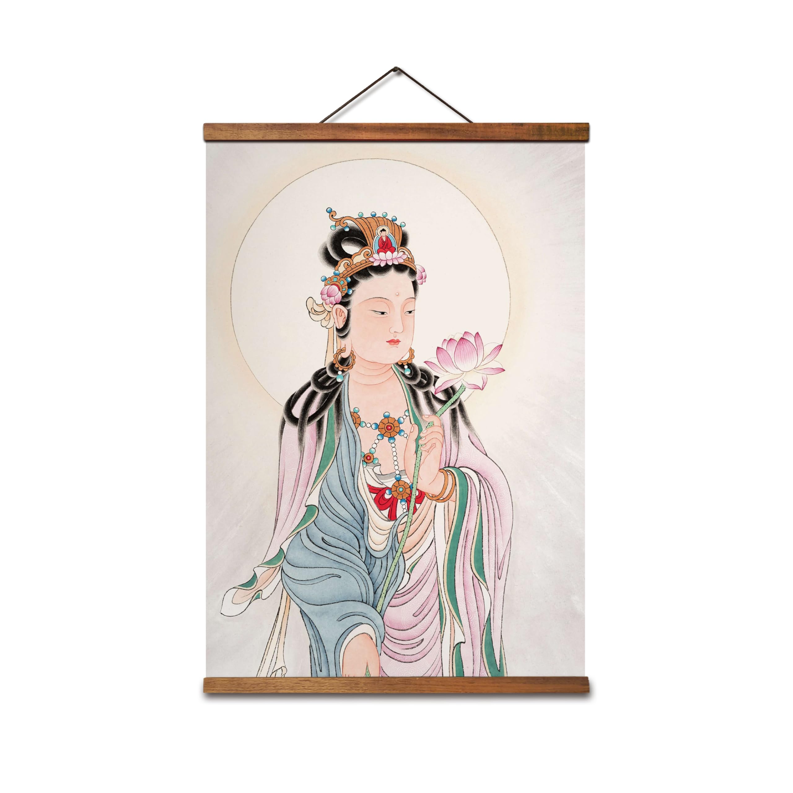 jszip Wall Hanging Scroll Painting artwork, Chinese Immortal Guanyin Bodhisattva Portrait, 24.02 x 15.75 inches, Black Walnut Wood Frame