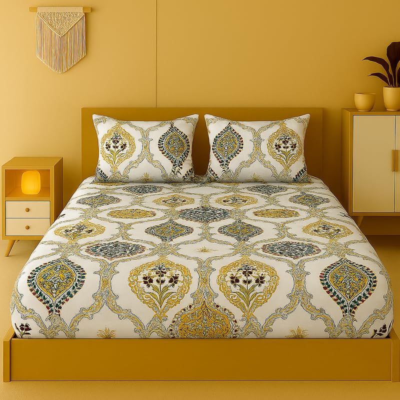 Image of NEW LEAF 320 TC Cotton All Around Elastic Fitted Printed Bedsheets King Size, Premium Fitted Bedsheets King Size for Double Bed with 2 Pillow Covers, Size- 78 inch x 72 inch Traditional White