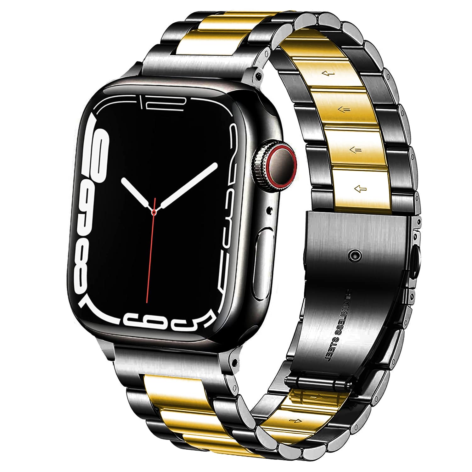 DEALELE Bands Compatible with iWatch 42mm 44mm 45mm 49mm, Solid Stainless Steel Metal Replacement Strap for Apple Watch Series 9/8 / 7/6 / 5/4 / 3 / SE/Ultra Women Men (Black/gold)