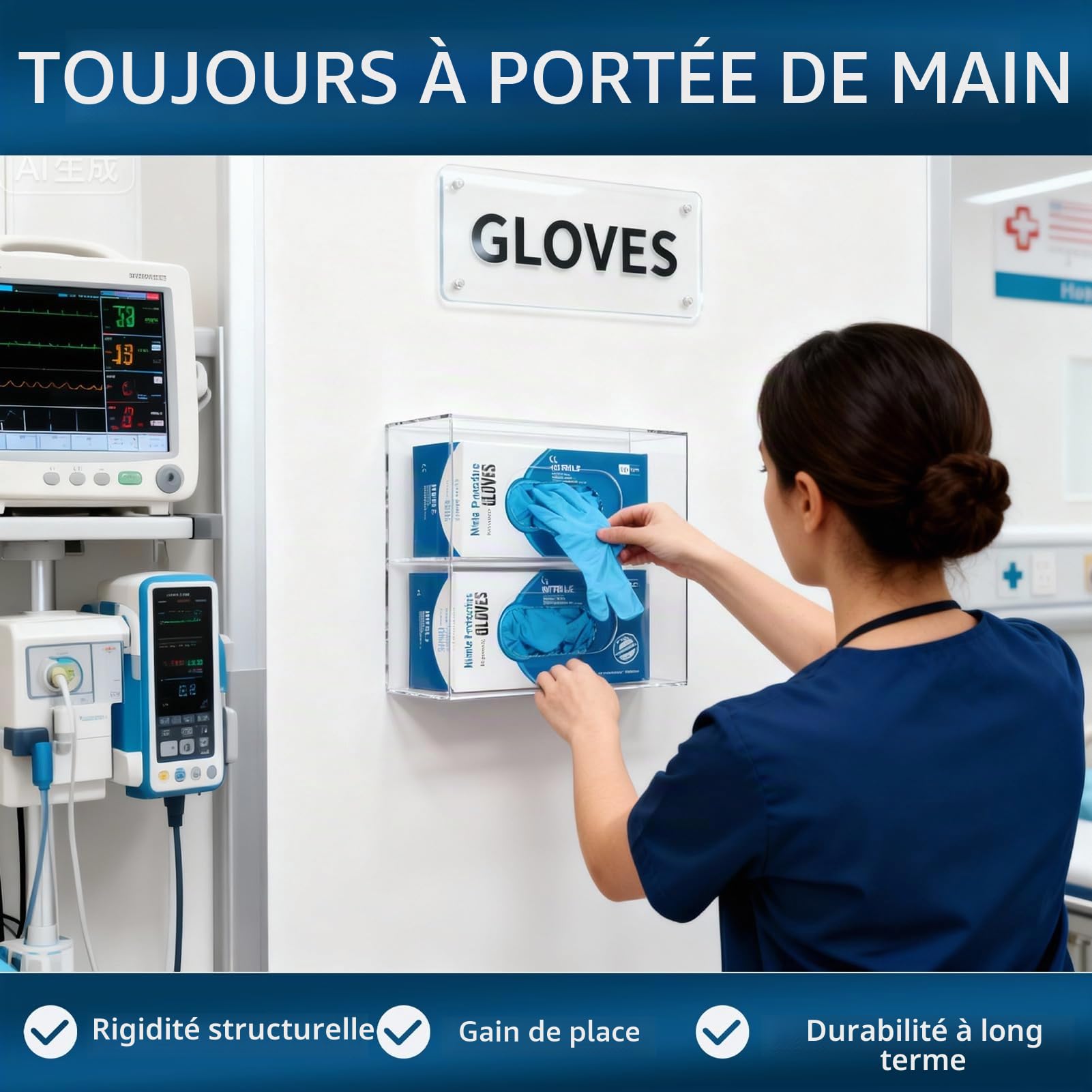 Distributeur mural de boîtes de gants en acrylique transparent – Support double chargement latéral pour gants jetables (latex, nitrile), fixation murale, BOX SEULEMENT