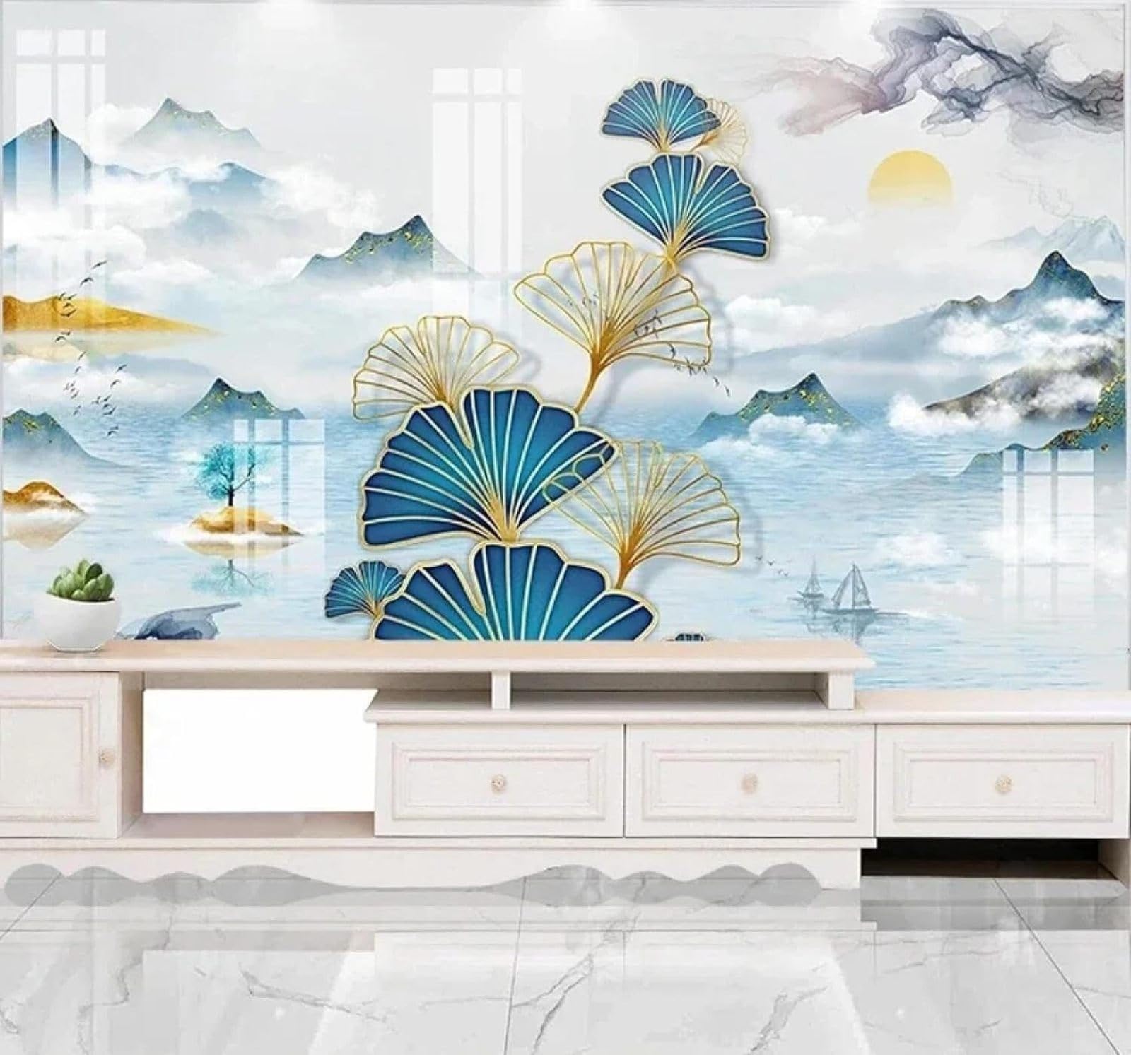 XLMING Papel Pintado 3D Creativo Azul Tinta China Paisaje Hoja De Ginkgo