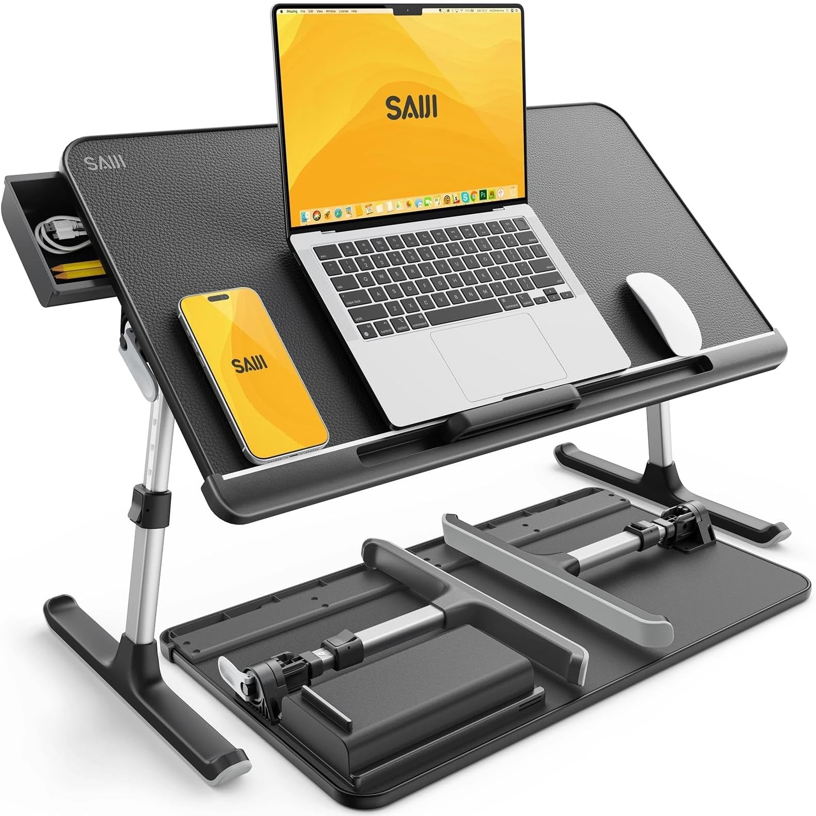 Laptop Table Stand, Adjustable PVC Leather Laptop Bed Table, Portable Standing Desk with Storage Drawer, Foldable Lap Tablet Desk for Sofa Couch Floor (Large,Black)