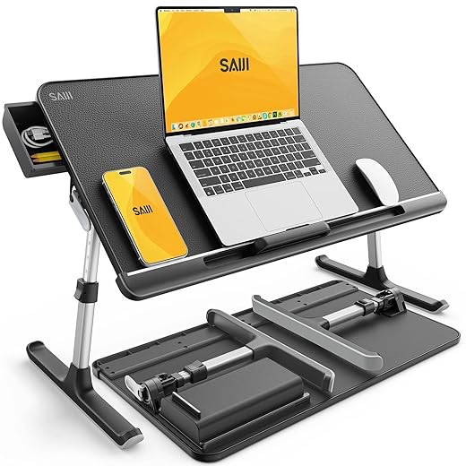 SAIJI Laptop Bed Tray Table, Adjustable PVC Leather Laptop Bed Table, Portable Standing Desk with Storage Drawer, Foldable Lap Tablet Table for Sofa Couch Floor (Dark Black)