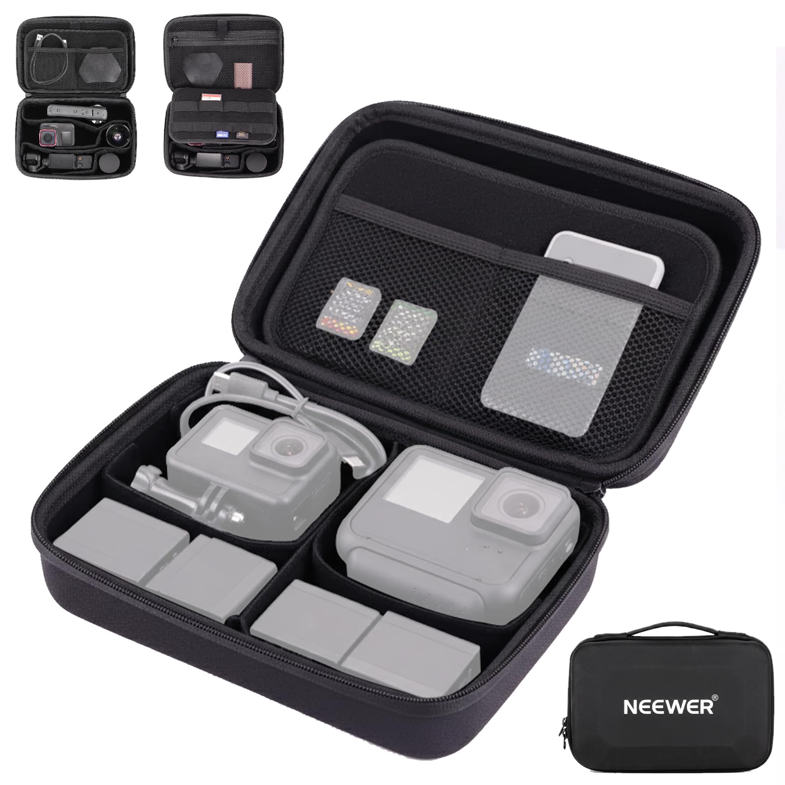 NEEWER Carrying Case for Action Camera & Accessories, Splashproof Protective Storage Bag with DIY Dividers & Mesh Pockets Compatible with GoPro DJI Osmo 360 Action 5 Pro Pocket 3 Lens, PB27