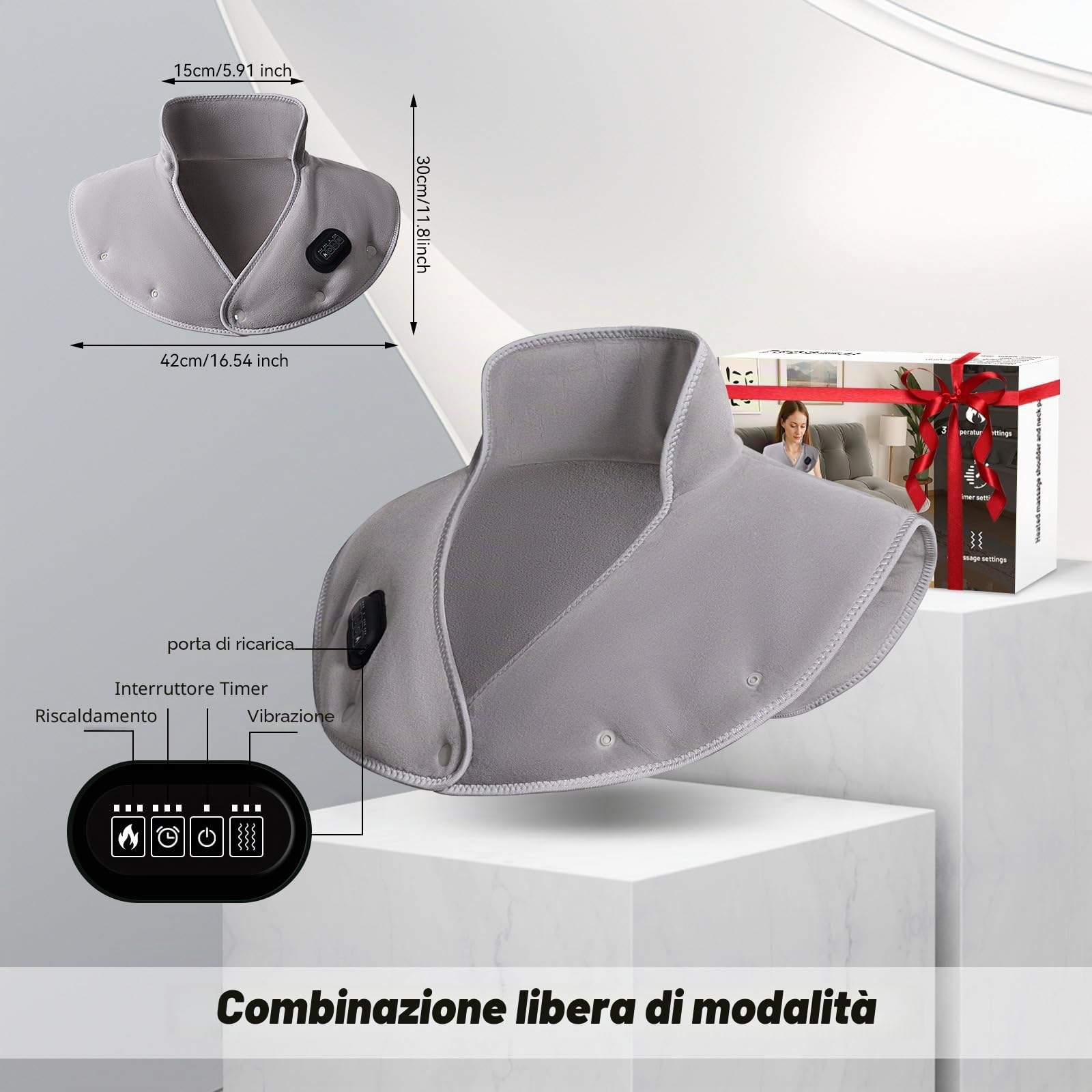 Cuscino termico senza fili per collo e spalle - 3 livelli di temperatura, 3 livelli di vibrazione, 3 timer, ricarica USB - Cuscino termico elettrico portatile, regalo per donne