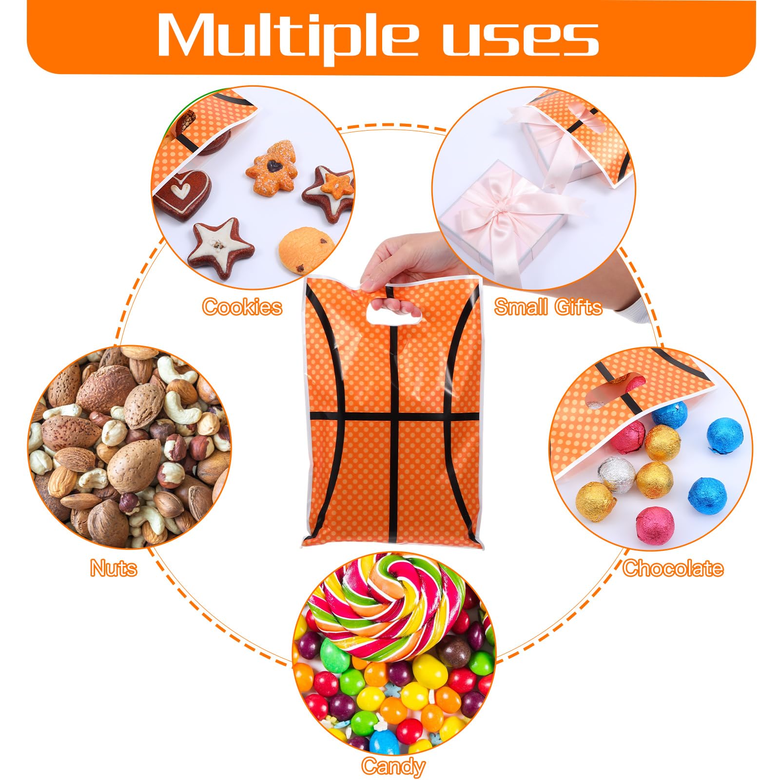 DOPENSPI 50PCS Basketball Gift Bags with Handle, 9.8x6.7in Plastic Basketball Goodie Bags Basketballs Party Favor Bag Basketballs Themed Parties Supplies for Birthday Sport Theme Party Decorations
