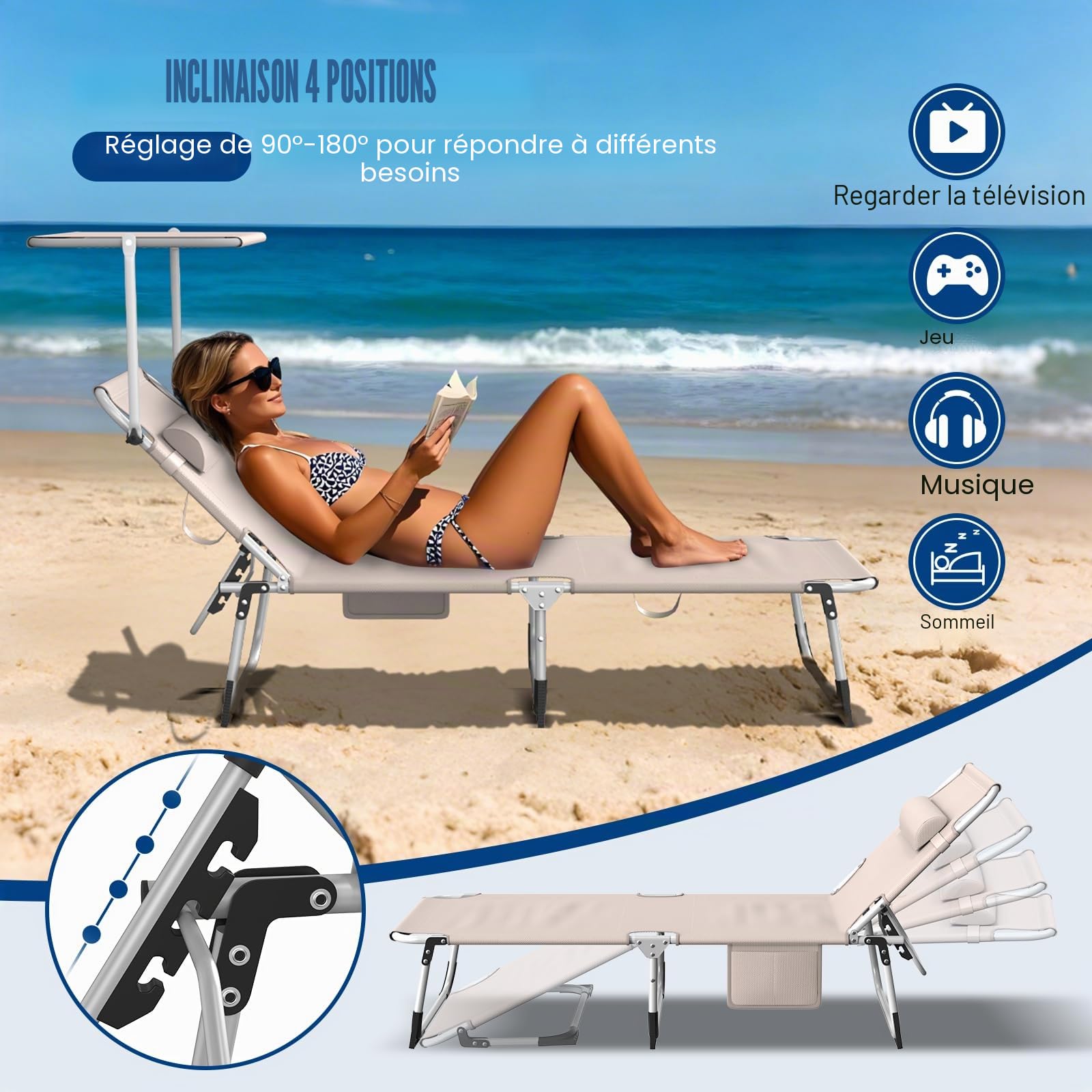 Chaise Longue Bain de Soleil Pliable avec Poche Latérale, Pare-Soleil 360° Ajustable, Transat Extra Large 68 cm, Dossier Inclinable et Appuie-Tête, pour Jardin-Plage-Camping, Tissu Oxford 600D, Kaki