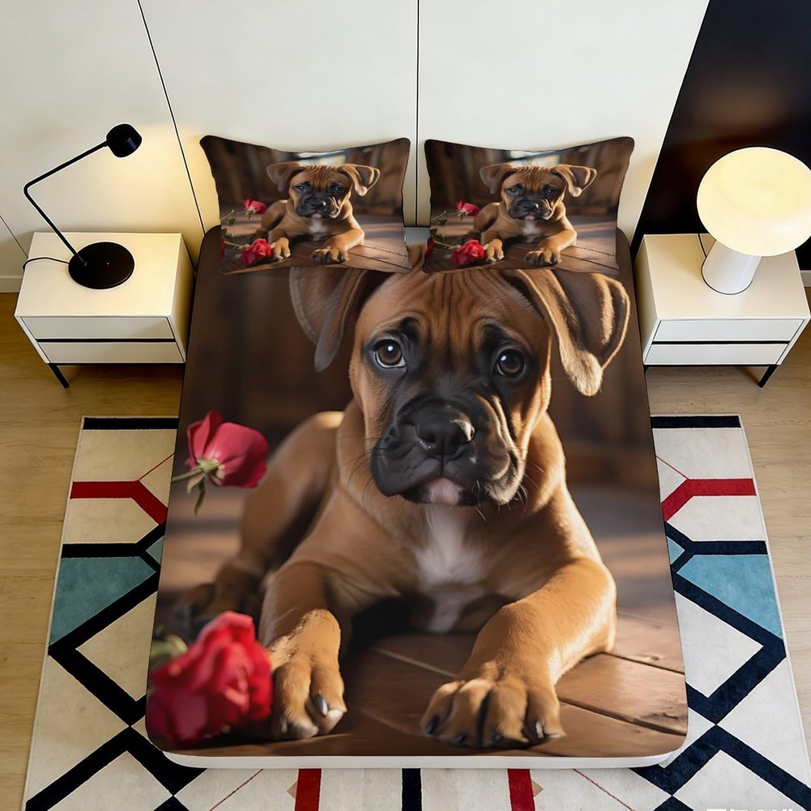 3D Printed Brown Boxer Dog Fitted Sheet Microfiber Soft Breathable Rose Pattern Mattress Cover for Bedroom Guestroom Decor 90x200x25cm