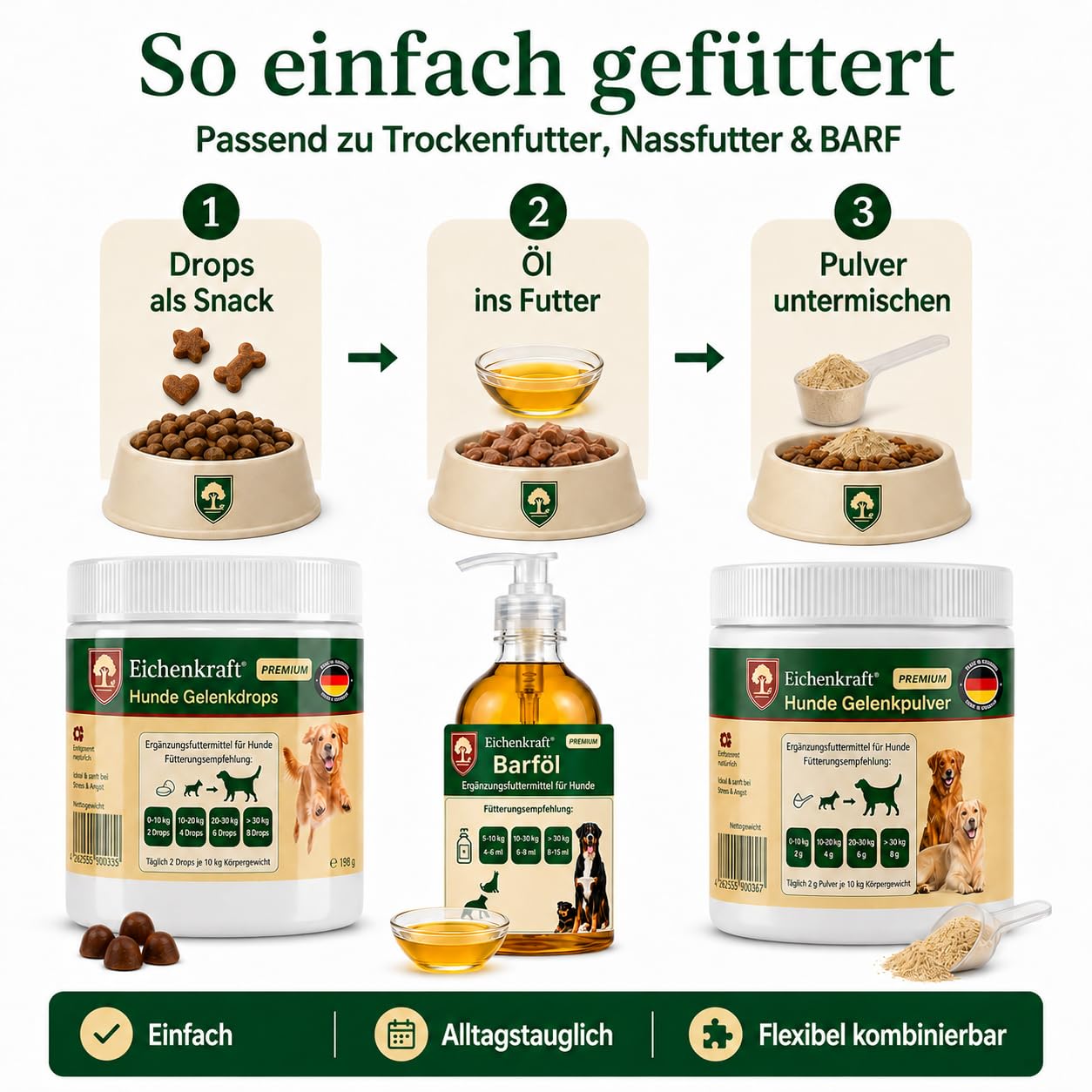 Grünlippmuschel Hund 3er Set Gelenkdrops Gelenkpulver Lachsöl Barf Öl Hunde