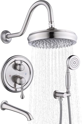 Vista 13 de Enga Juego de grifo de ducha de latón con boquilla de bañera, cabezal de ducha de lluvia de 8 pulgadas, combo de rociador de mano, desviador de 3