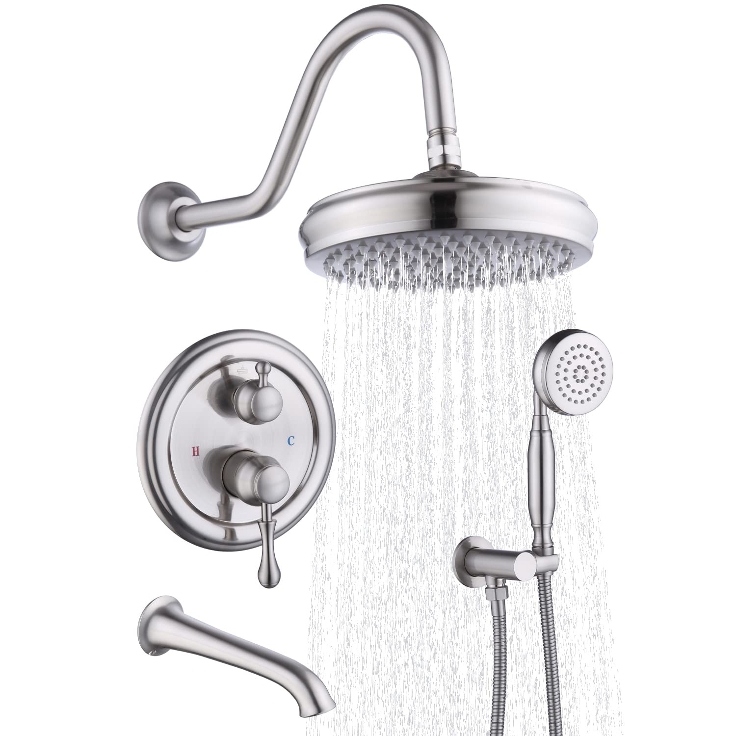 Antique Brass Shower Fixture Combo Set with Hand Sprayer Tub Spout Wall